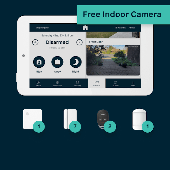 Hub, panel, 7 door window sensors, 2 keyfobs, 1 motion detector, and 1 free indoor camera