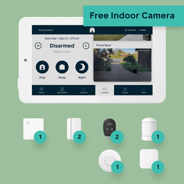 Hub, panel, 2 door window sensors, 2 keyfobs, 1 motion detector, 1 smoke detector, 1 flood sensor, and 1 free indoor camera