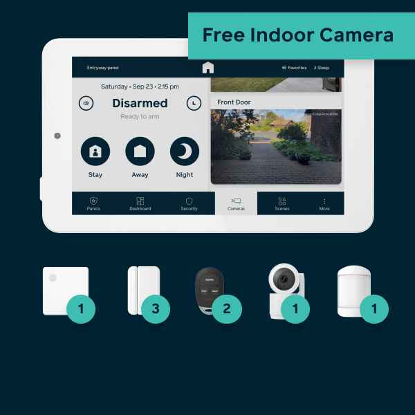 Hub, panel, 3 door window sensors, 2 keyfobs, 1 motion detector, and 1 free indoor camera