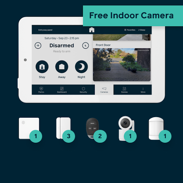 Hub, panel, 3 door window sensors, 2 keyfobs, 1 motion detector, and 1 free indoor camera
