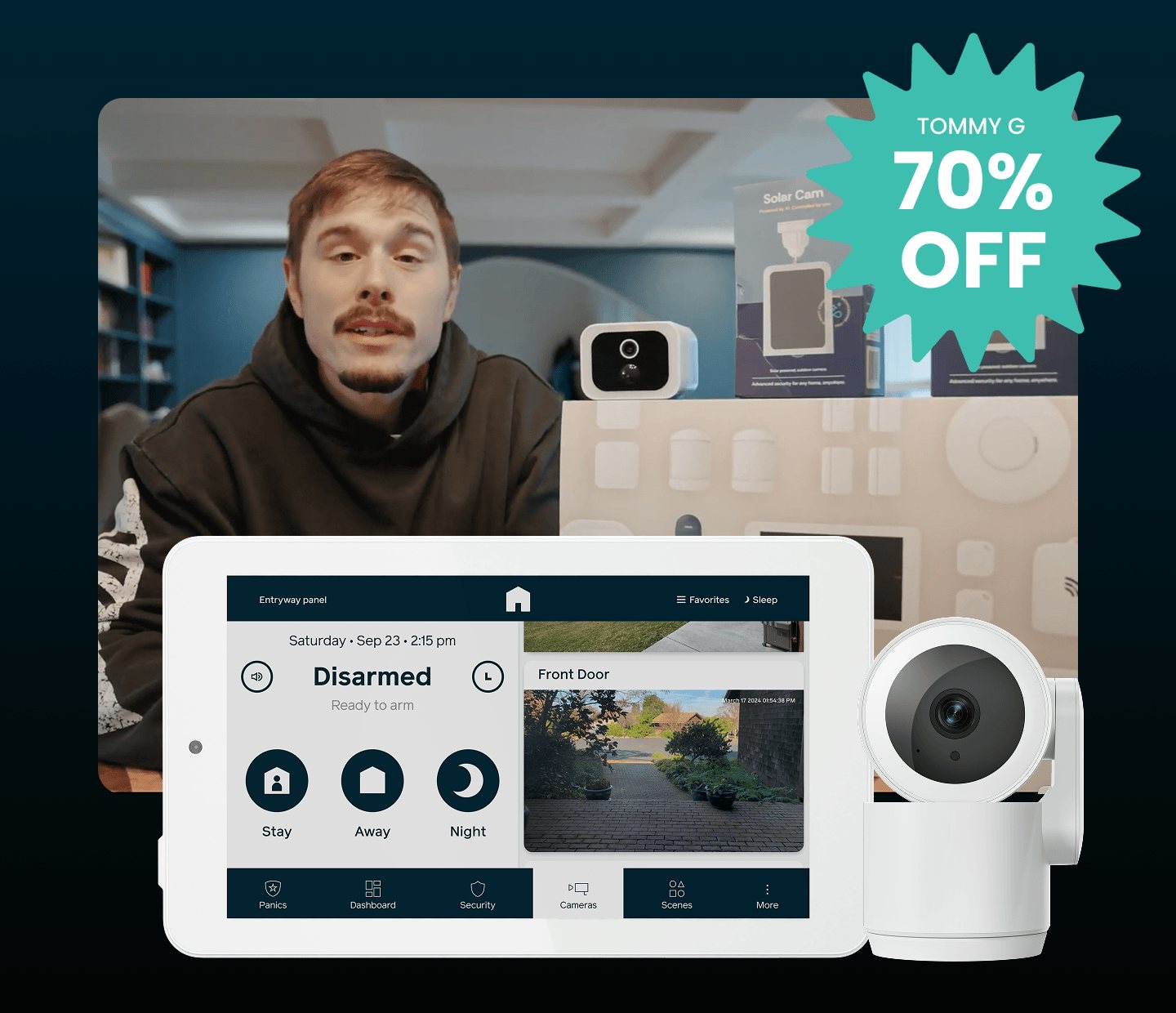Tommy G with Cove Security System and 70% off badge