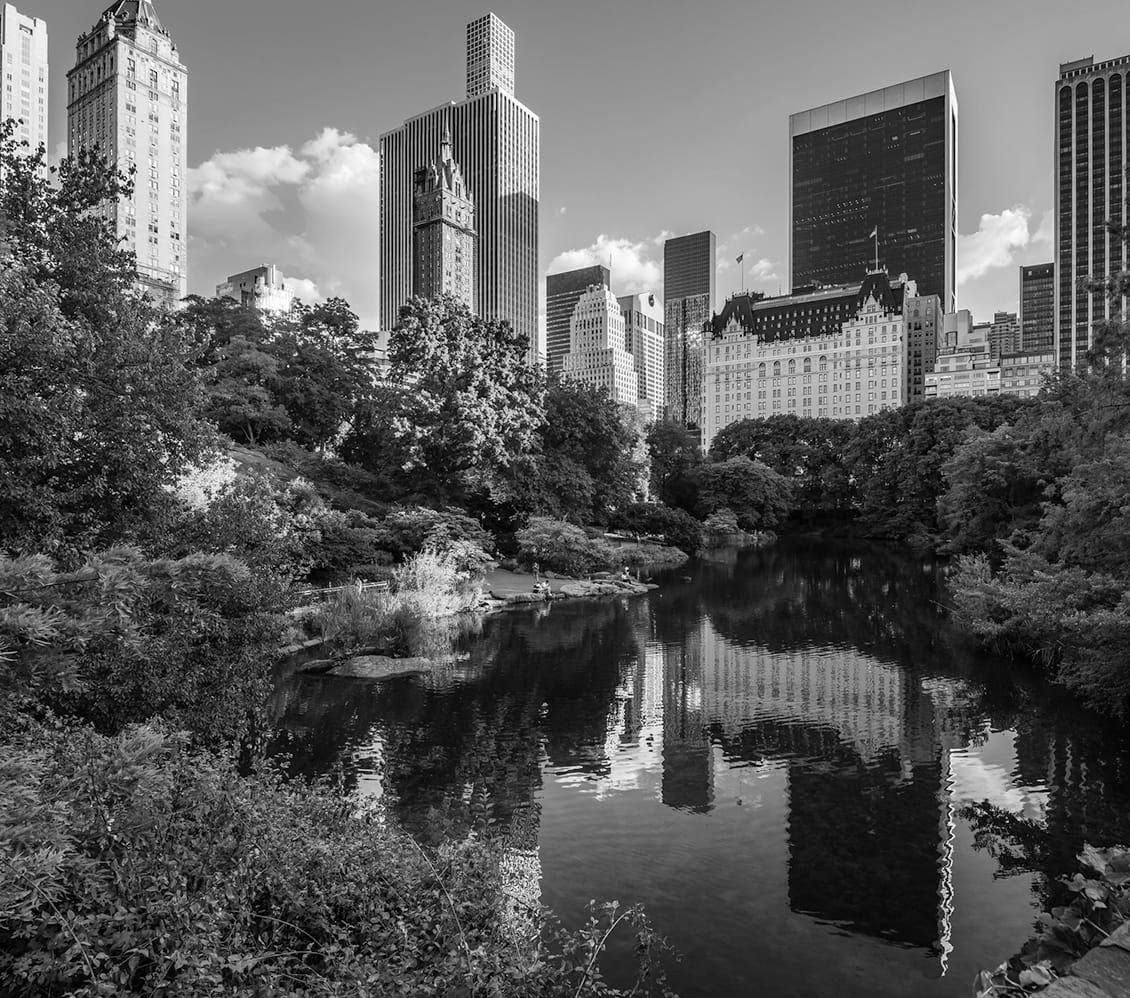 black and white photo of a city skyline