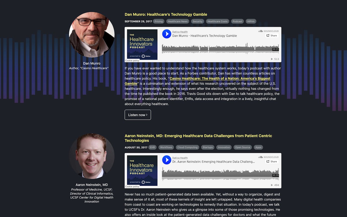 An expanded section on seo keyword pages where we would show a curated list of podcasts. A little more expanded than our more compact list views, with the background elements present.
