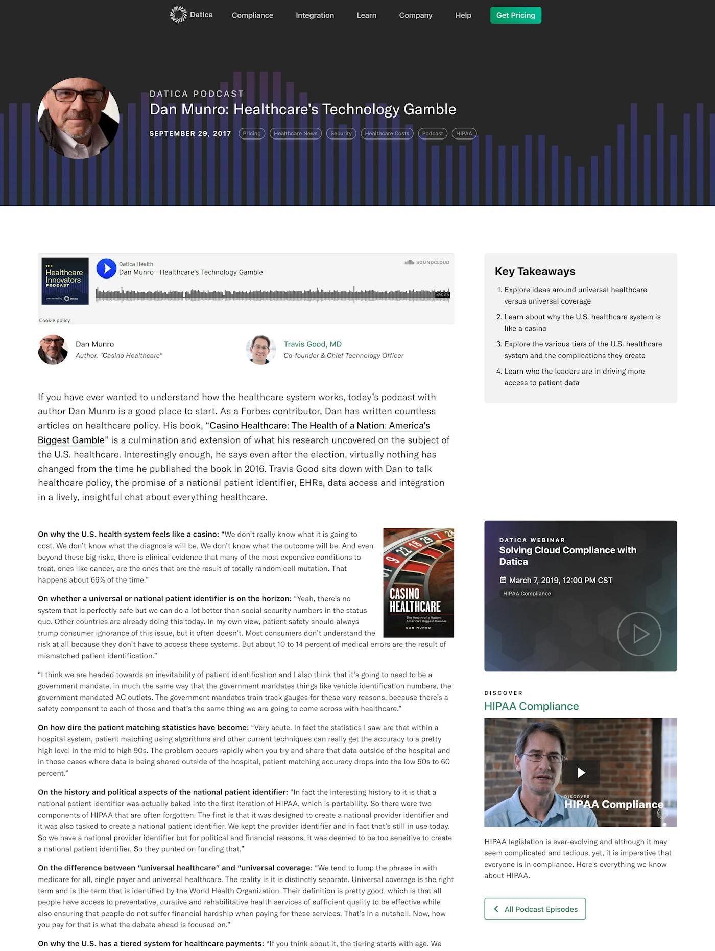 Datica webpage for podcast playback. An interview script or overview is included.