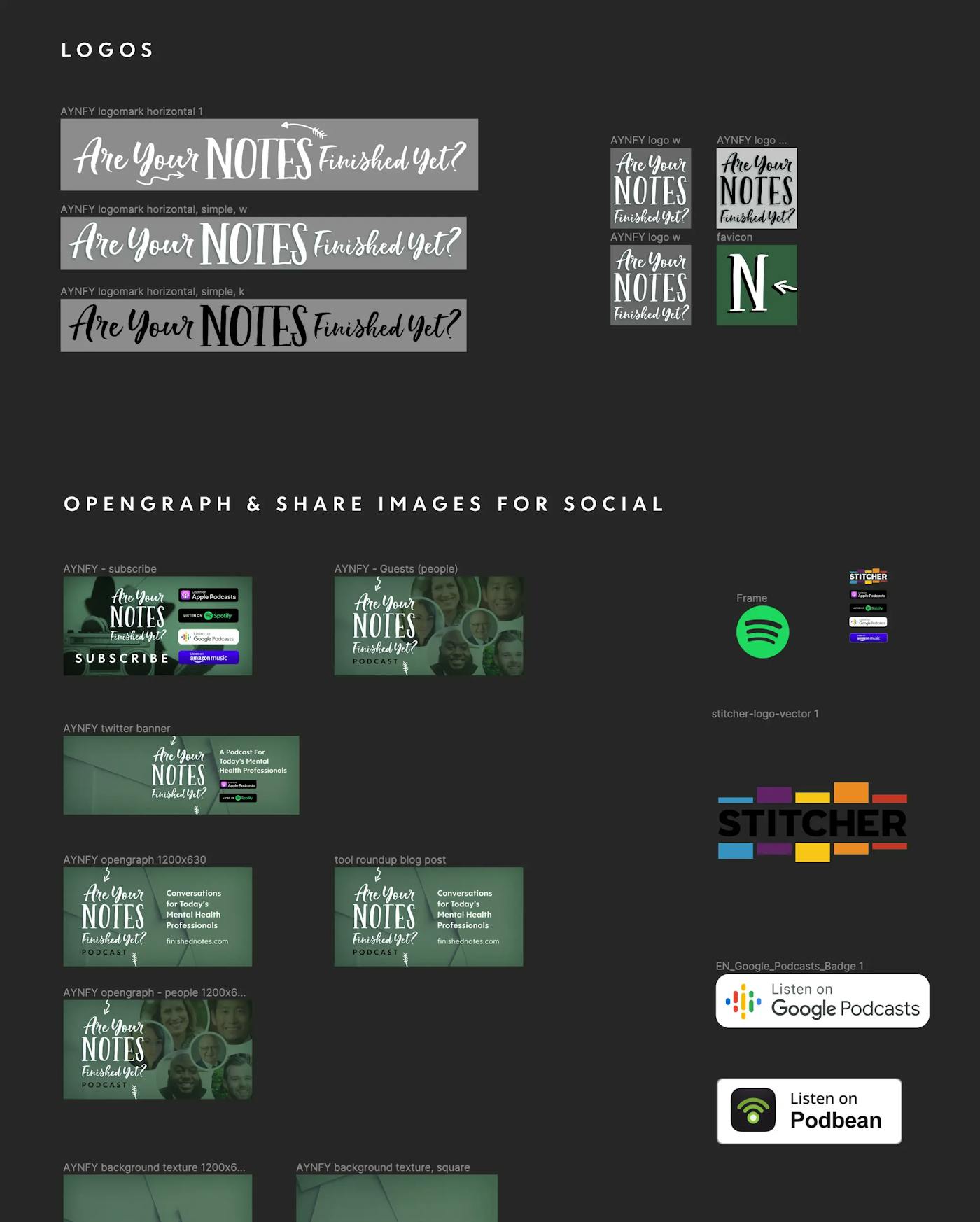 Artboard of social media graphic designs, and logos.