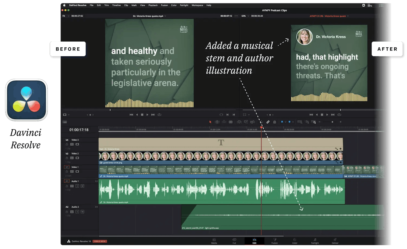 Davinci Resolve, editing an audiogram created by Descript.