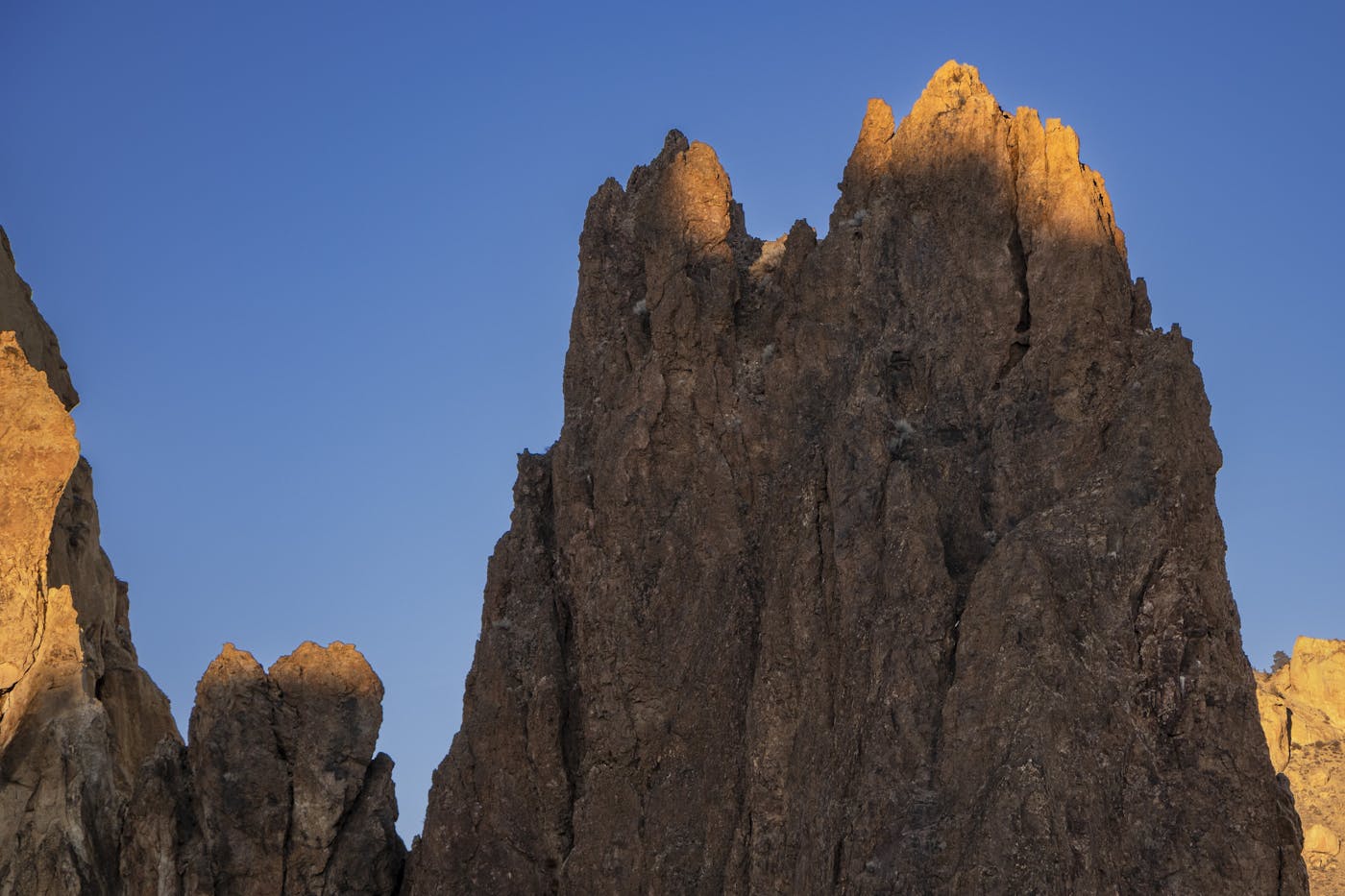 Sun on cliff spires at Smith Rock