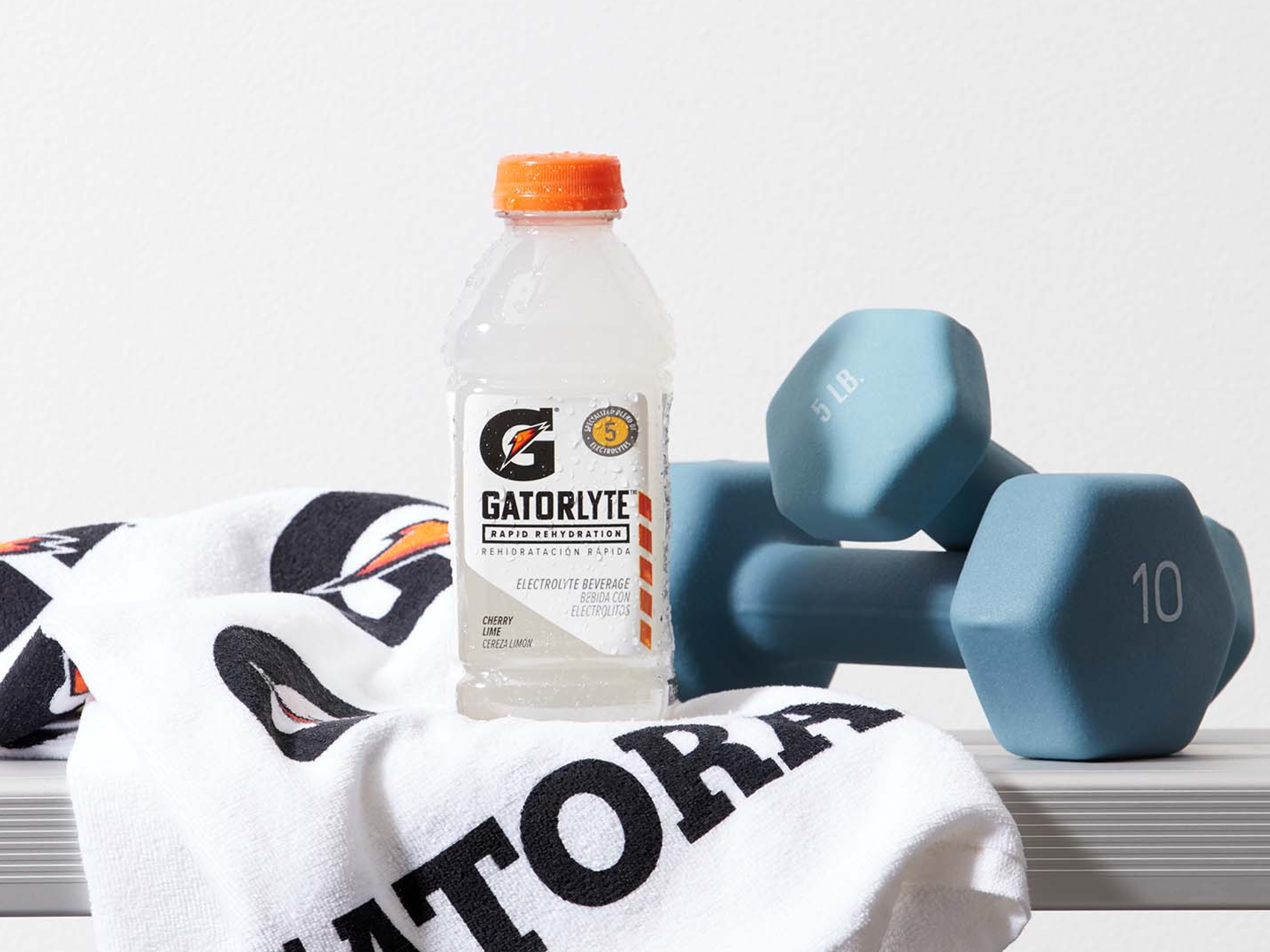 Gatorlyte cherry lime bottle with Gx towel and weights