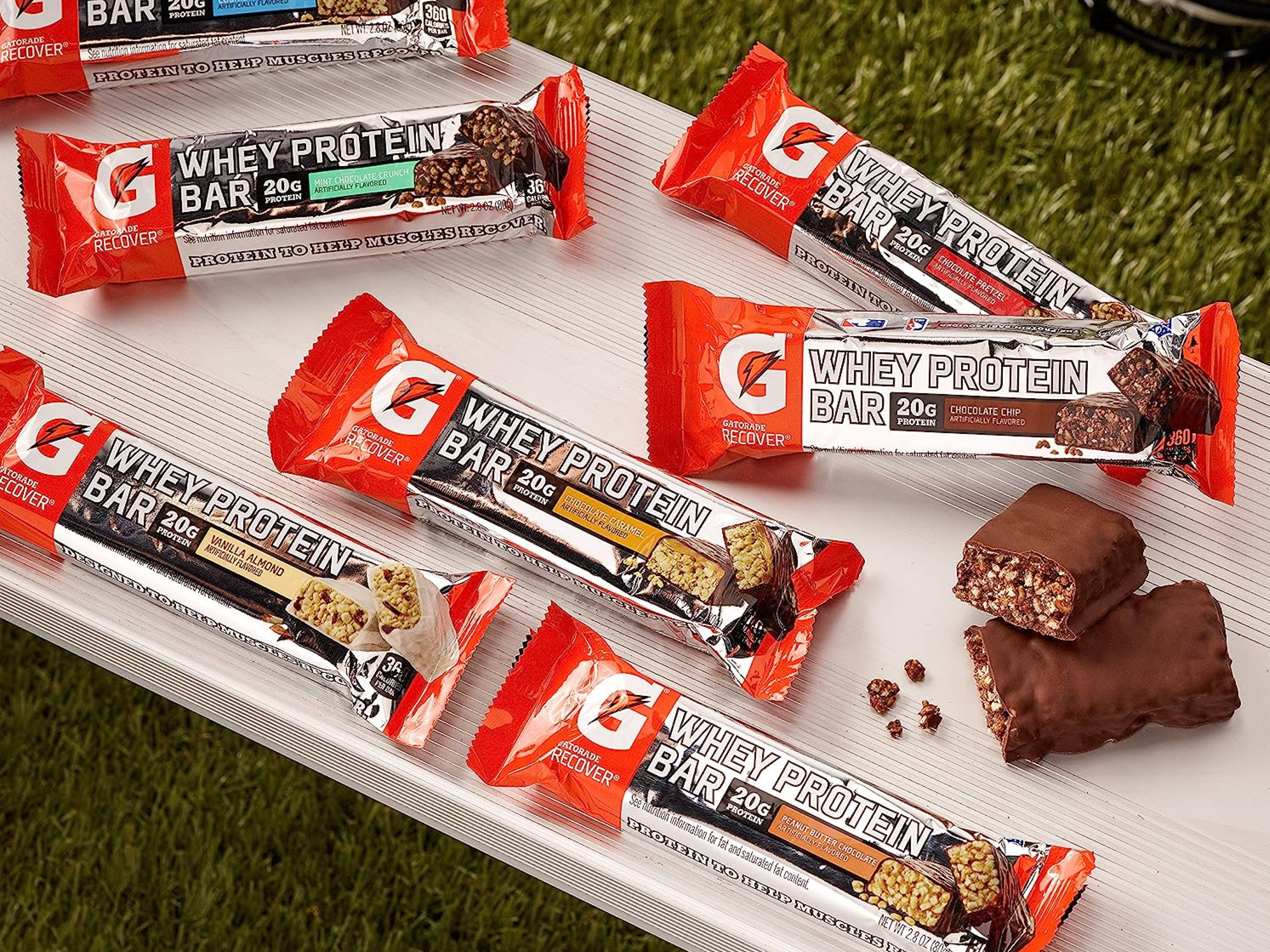 Protein bars on a bench