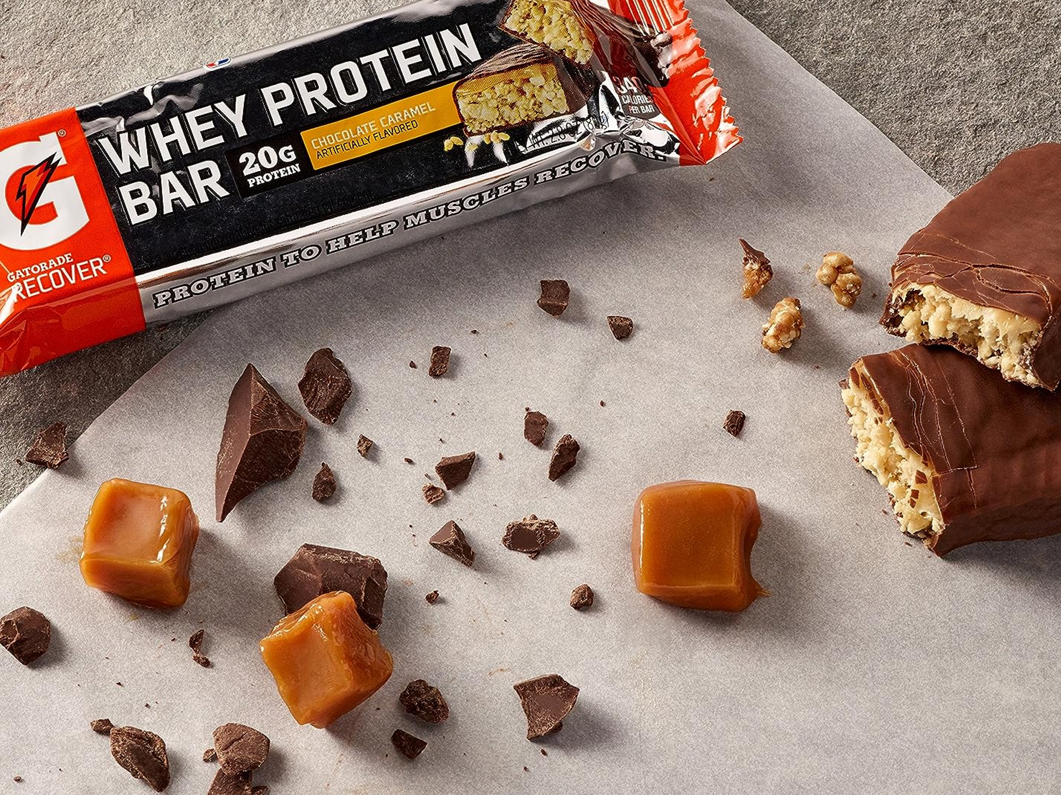 Protein bar with caramel and chocolate