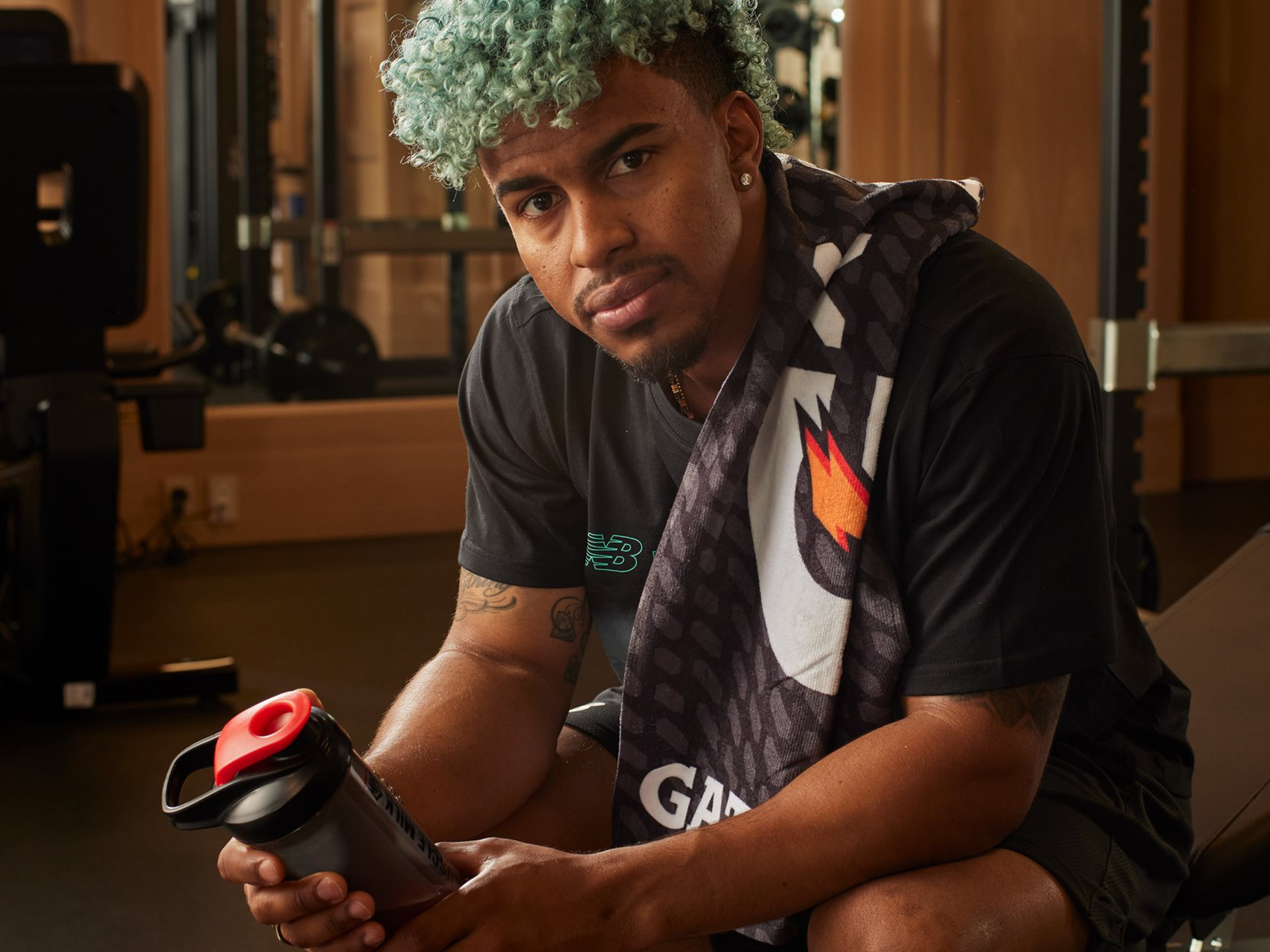 Francisco Lindor in the gym holding a Gatorade bottle