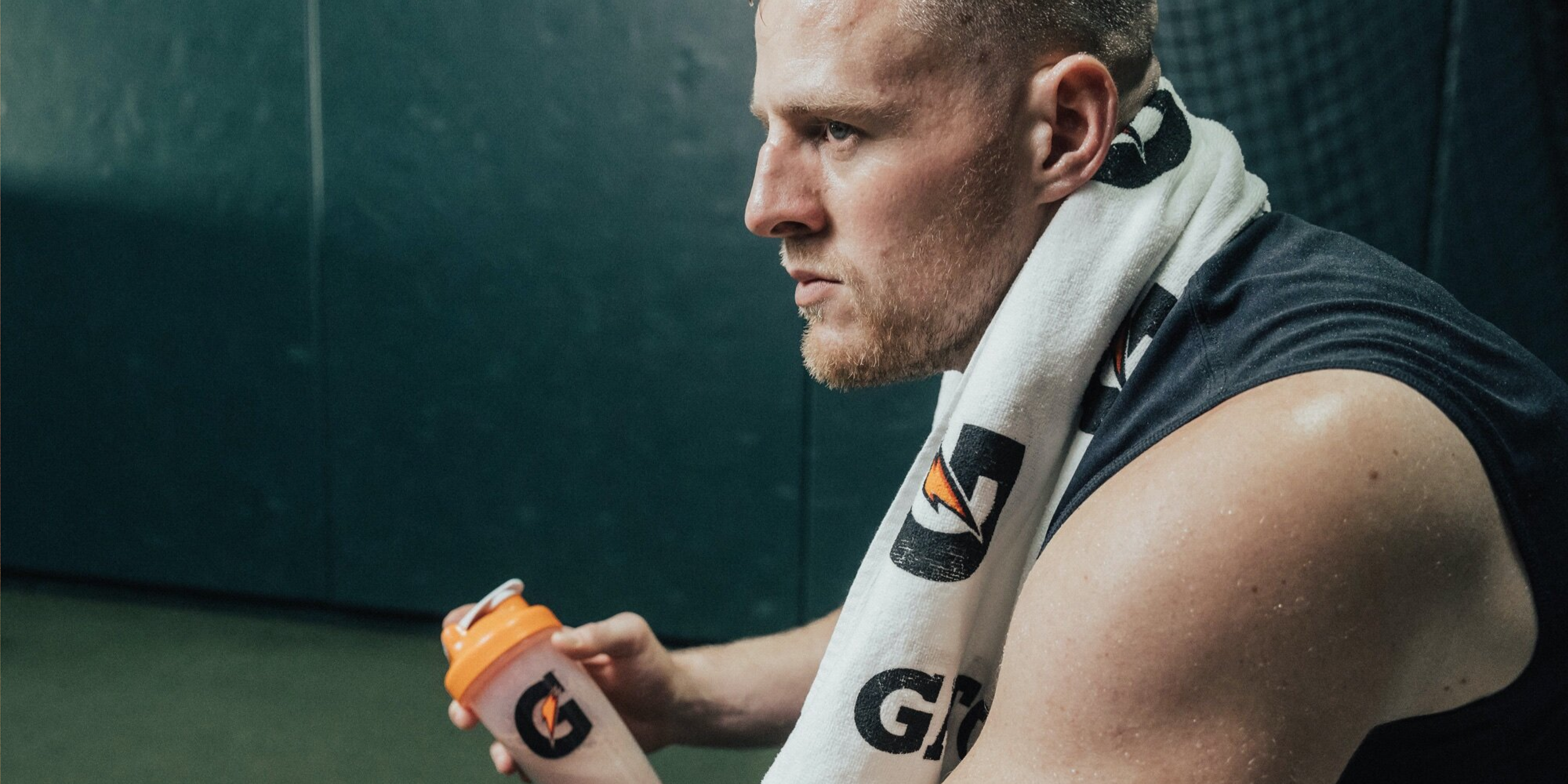 JJ Watt with shaker bottle and towel