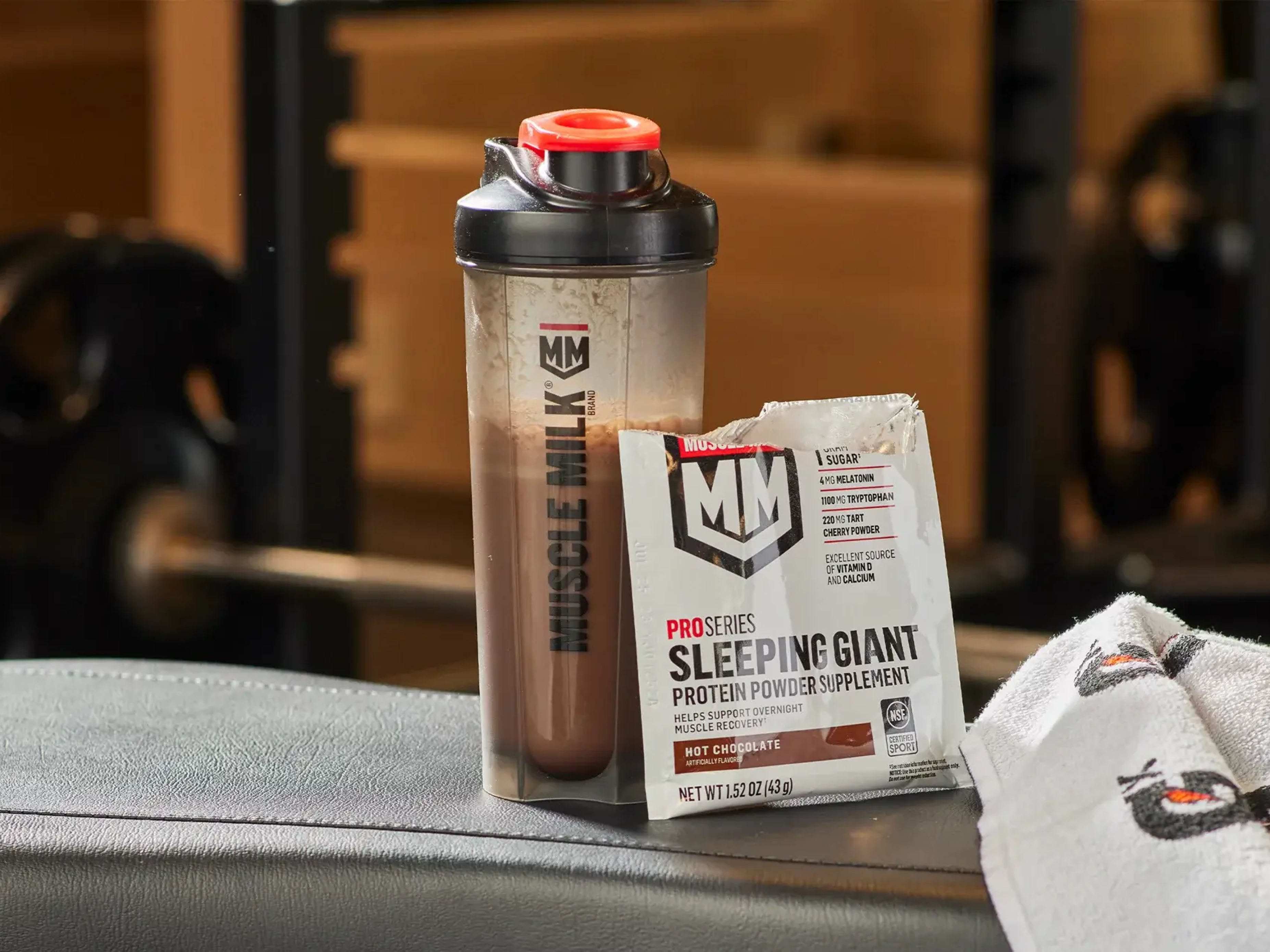 Muscle milk shaker bottle with sleeping giant protein