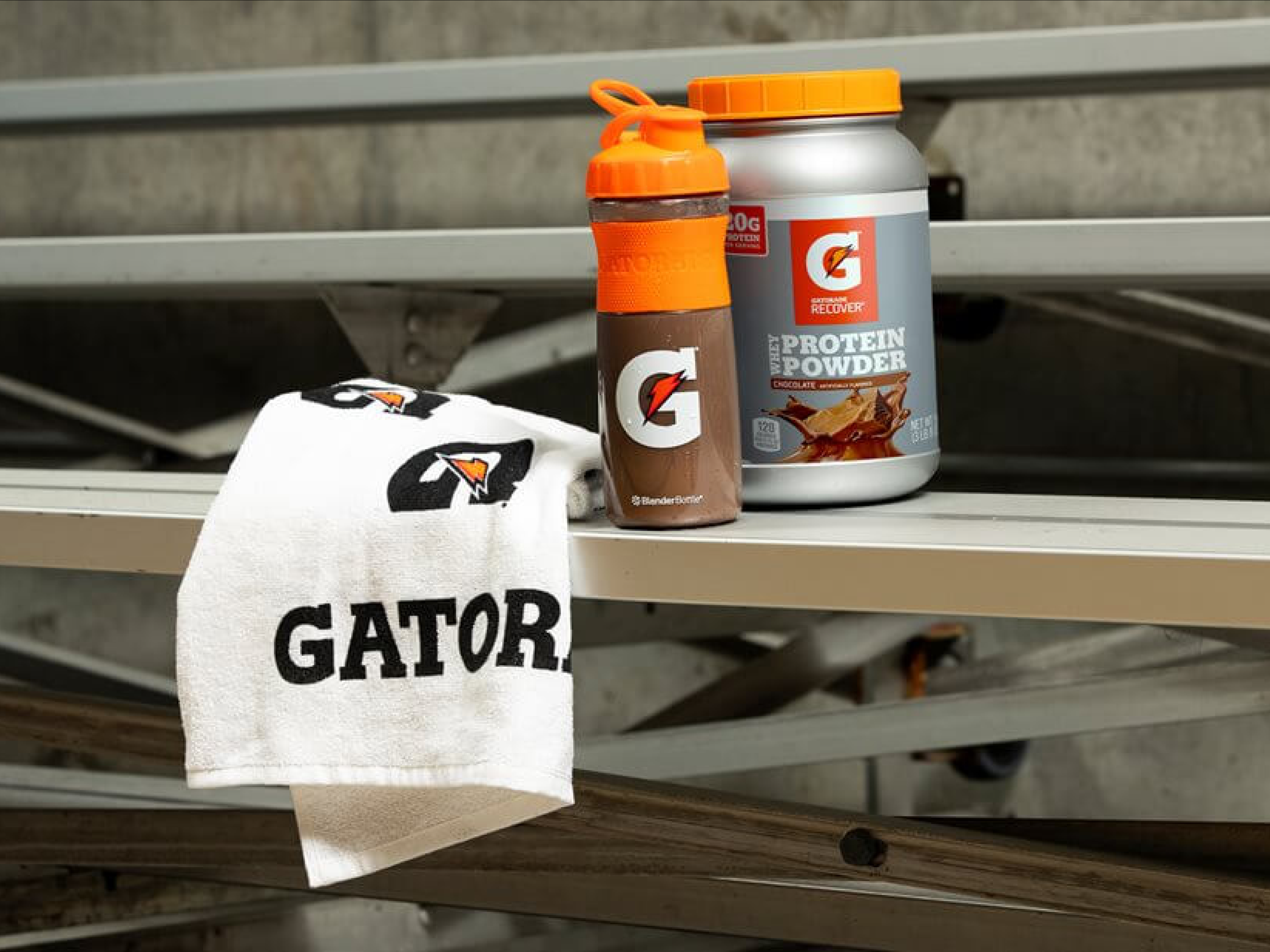 Gx towel, premium shaker bottle and Gatorade protein powder