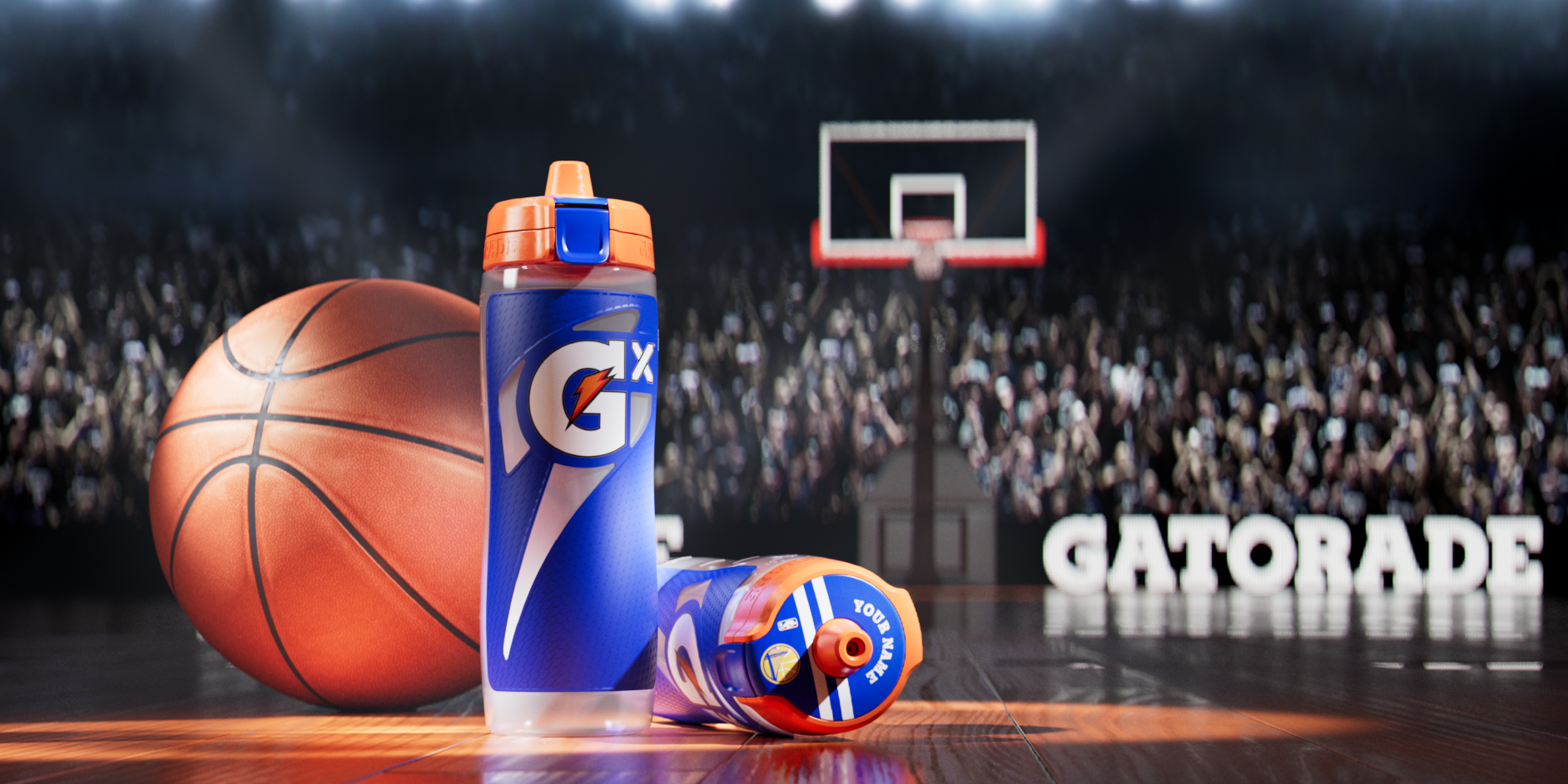 Basketball and Gx bottle on NBA court