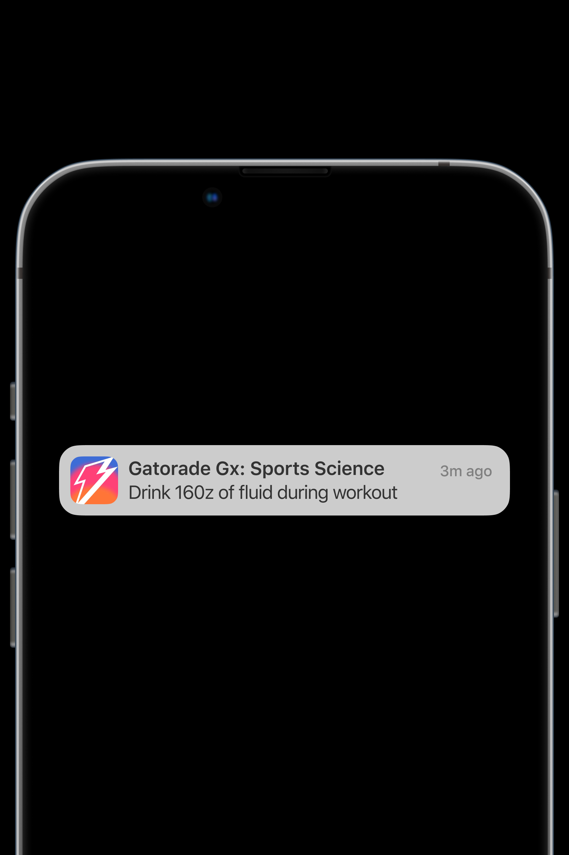 Notification on a mobile phone from the Gx app: "Drink 16 oz of fluid during workout"