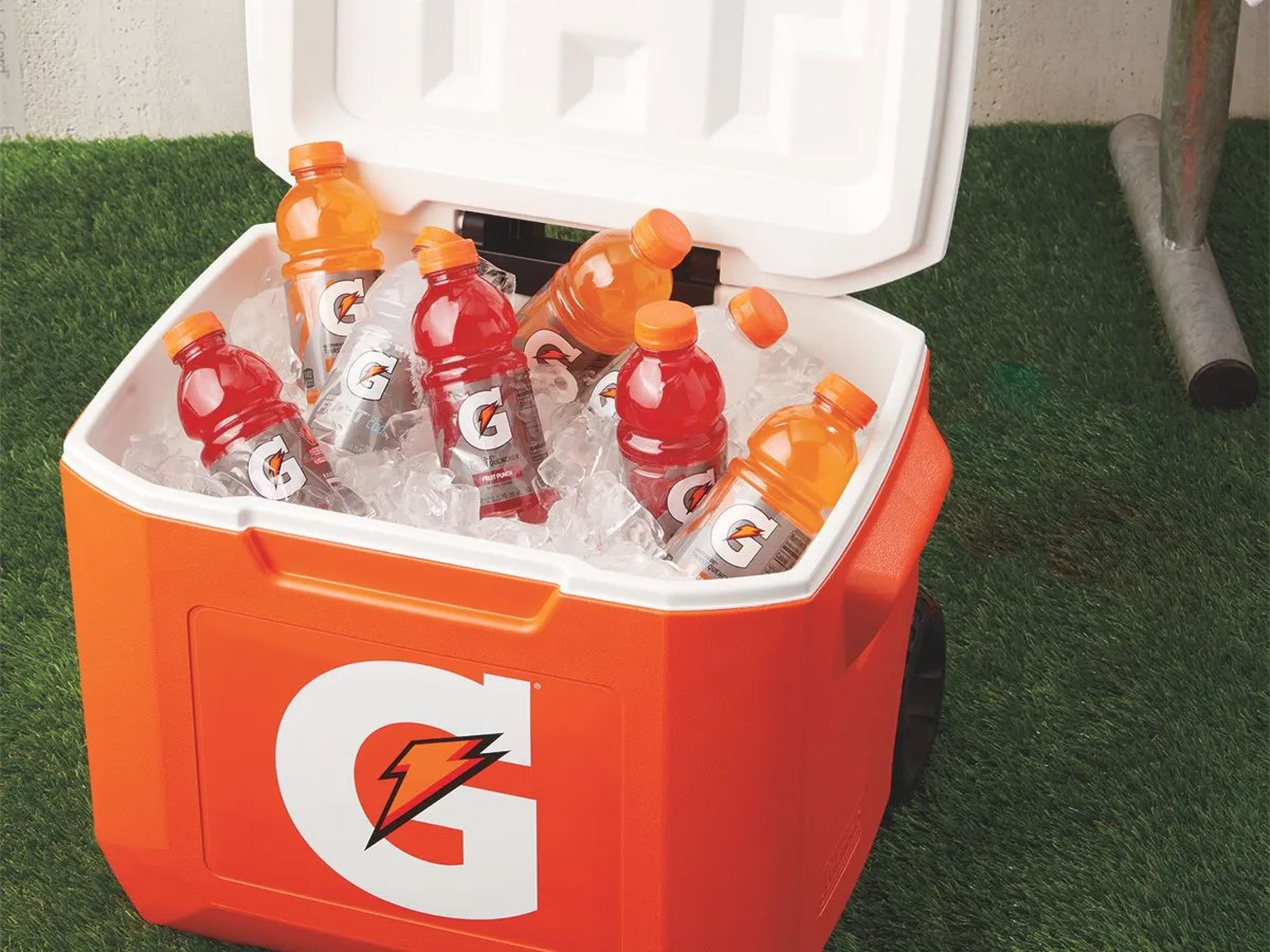 Opened Gatorade Rolling Ice Chest on Turf, with Gatorade inside