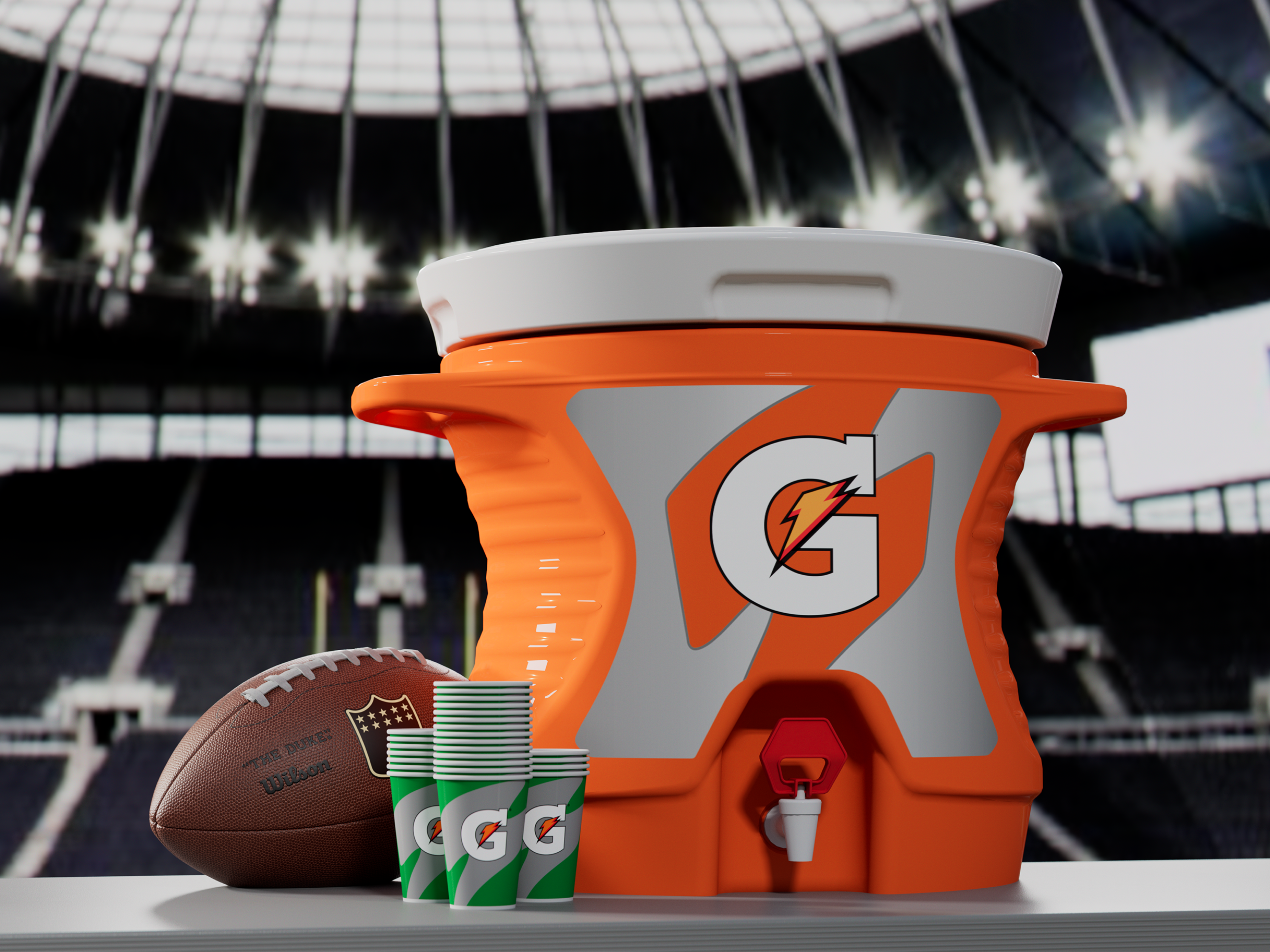Gatorade Contour Cooler on a table with cups and a football