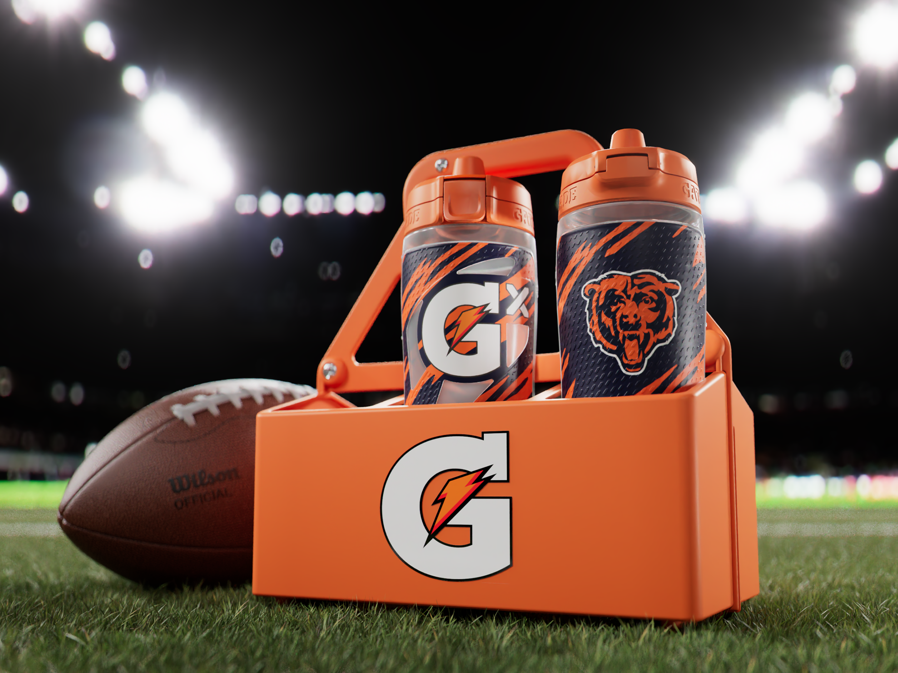 Orange Bottle Carrier on a Field with NFL Bottles and a Football