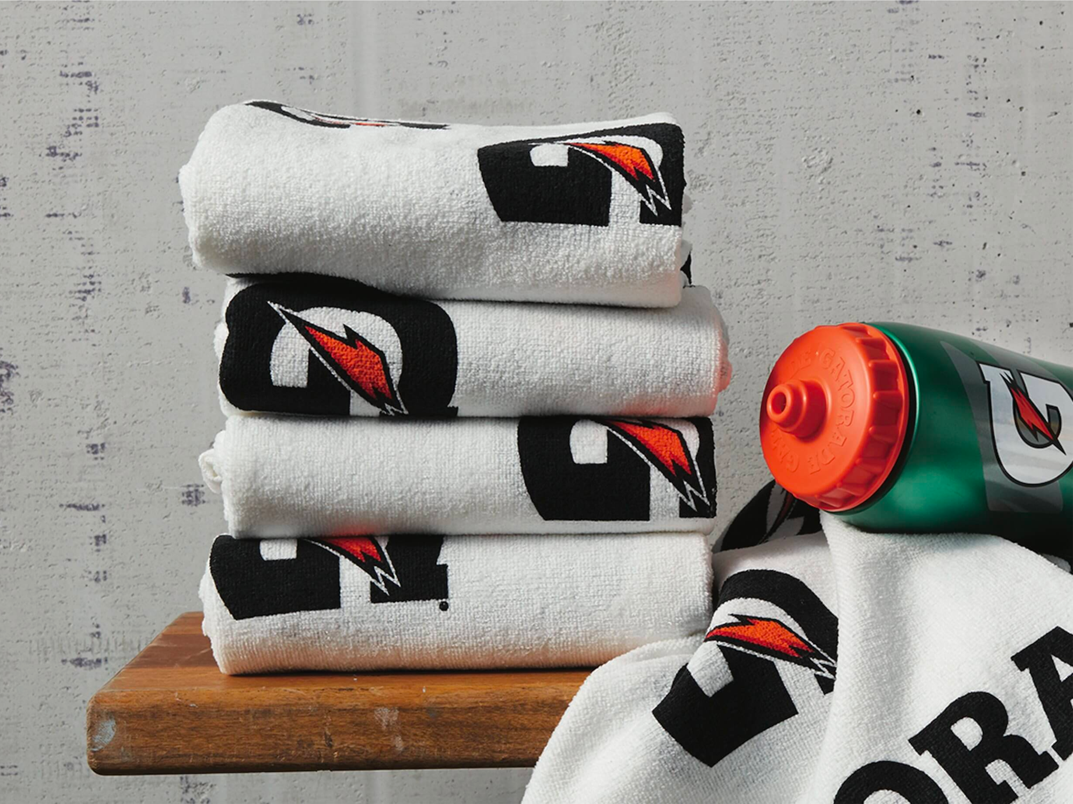 Sideline Gatorade towels on a bench