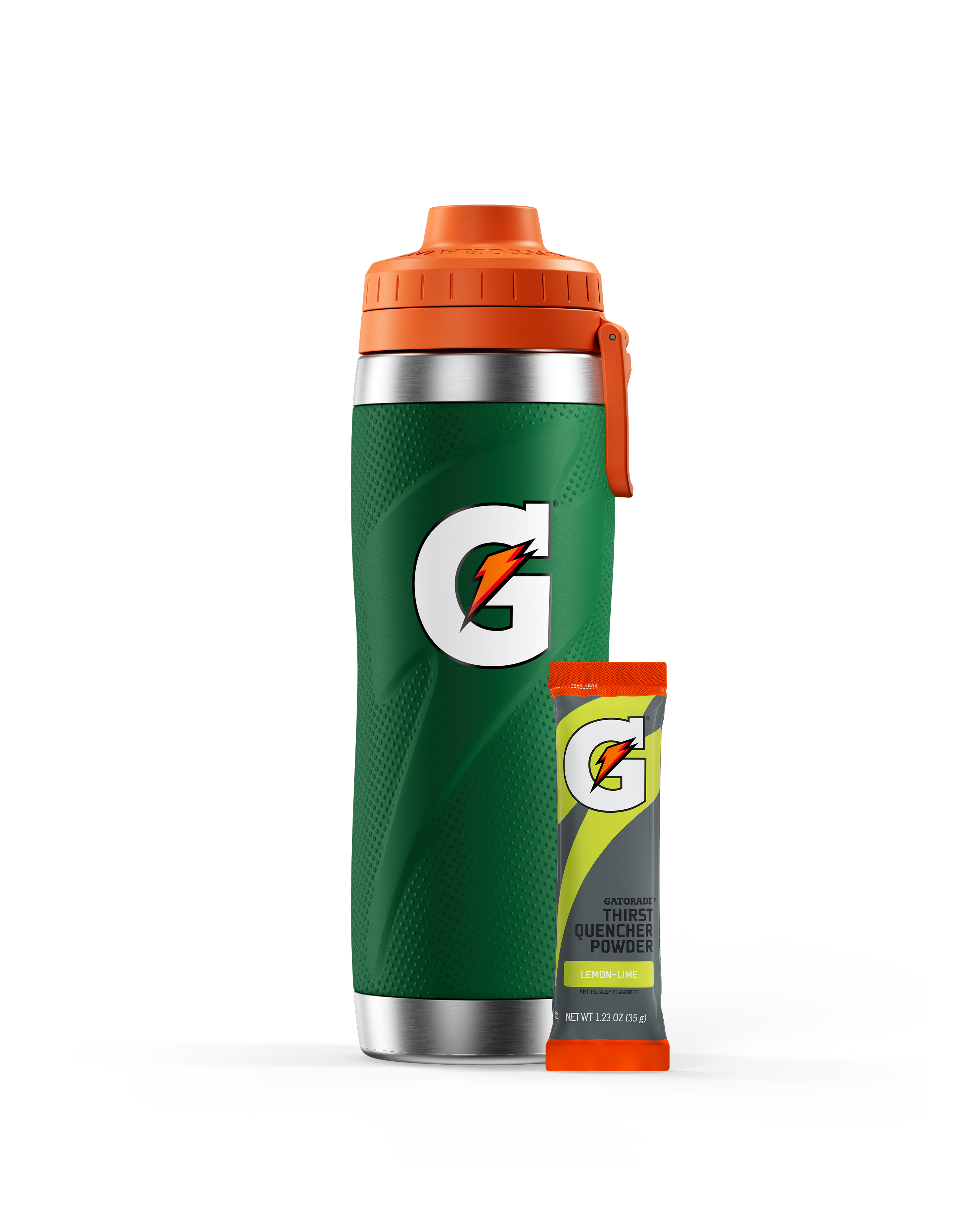 Stainless Steel Bottle Green with Gatorade Thirst Quencher Powder Lemon-Lime