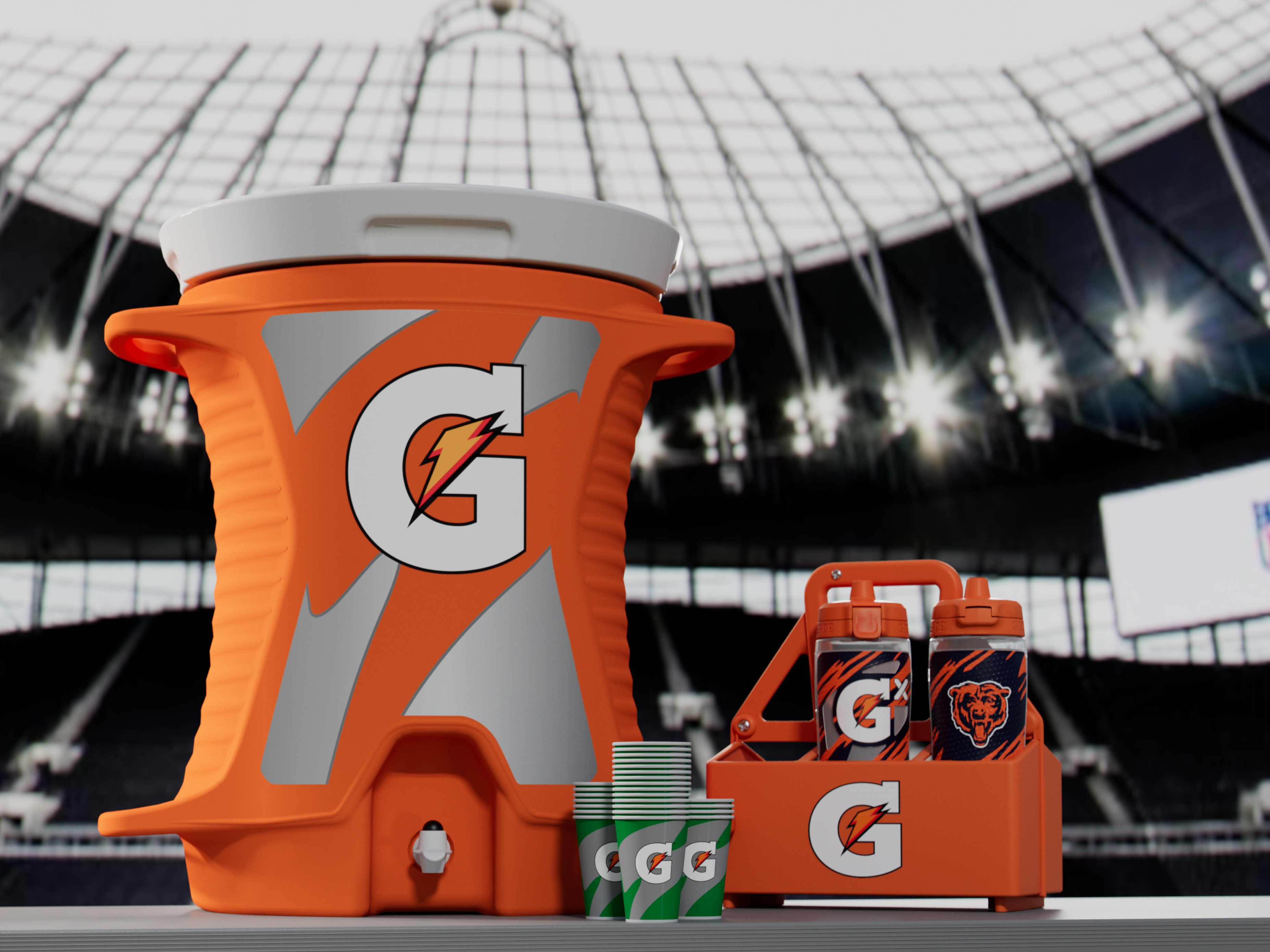 Gatorade Contour Cooler on a table with bottles and cups