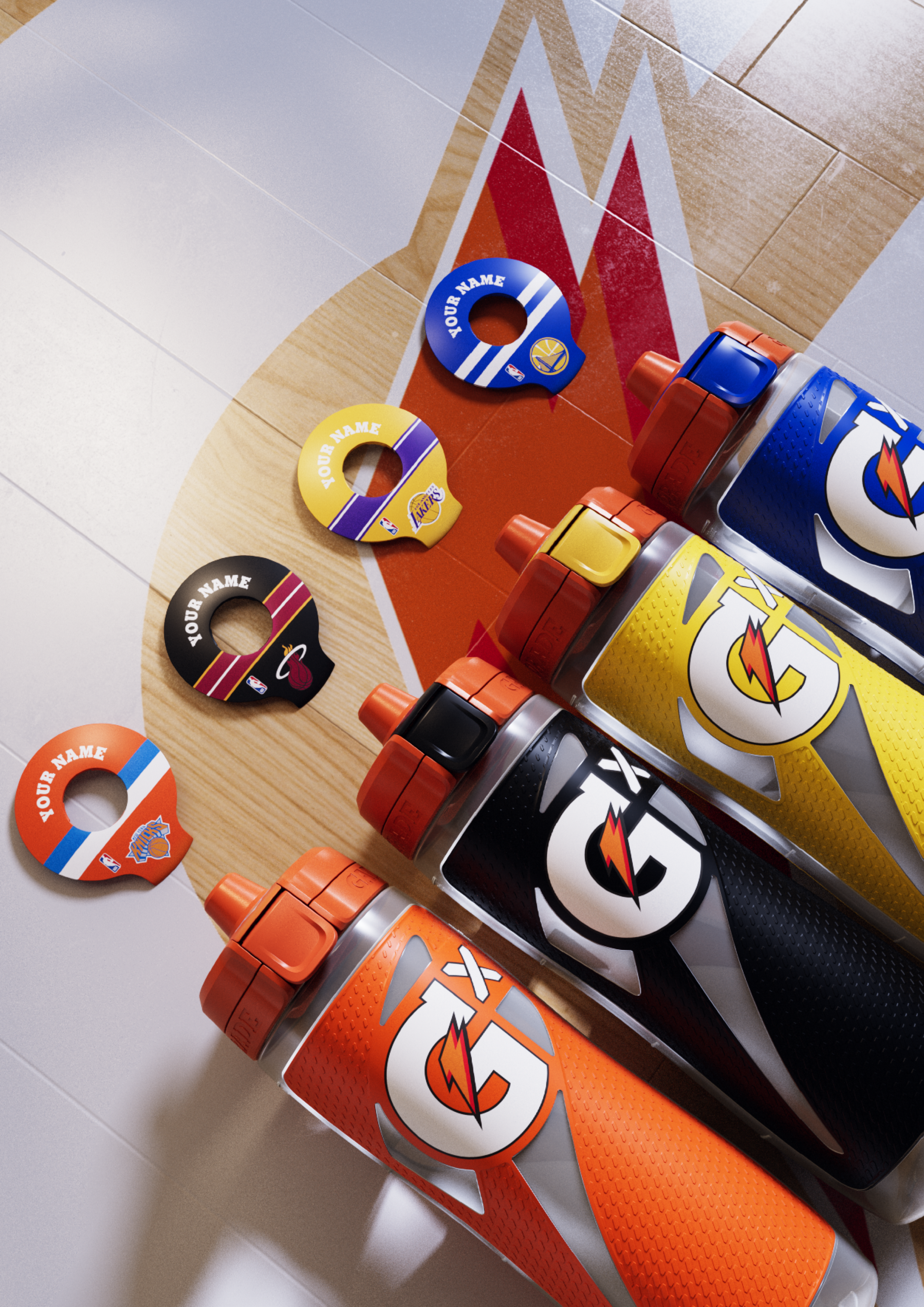 NBA bottles on basketball court