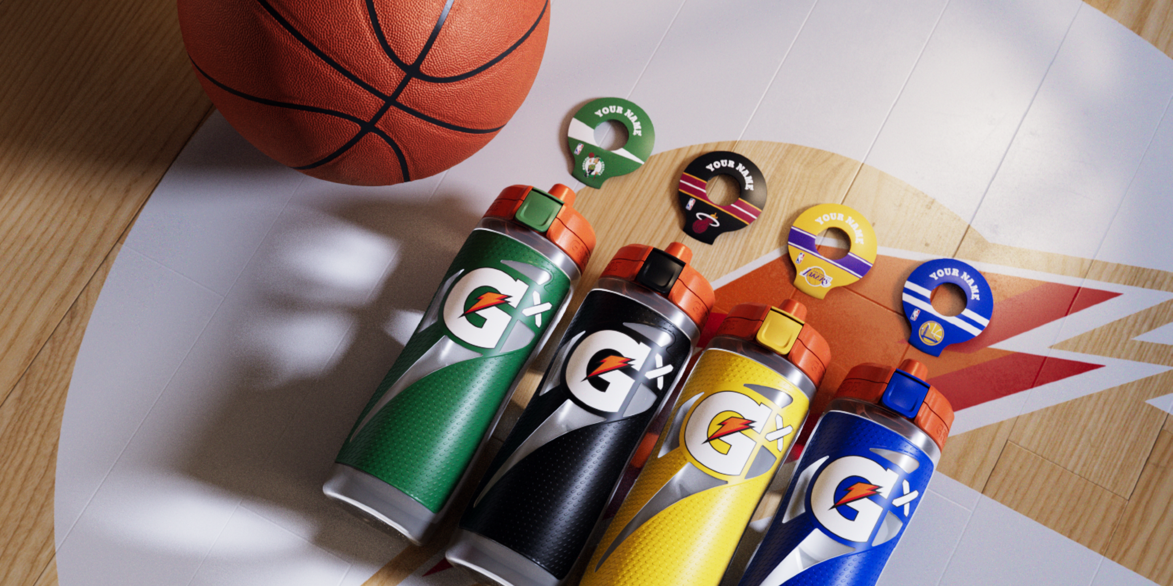 NBA Bottles on court with basketball