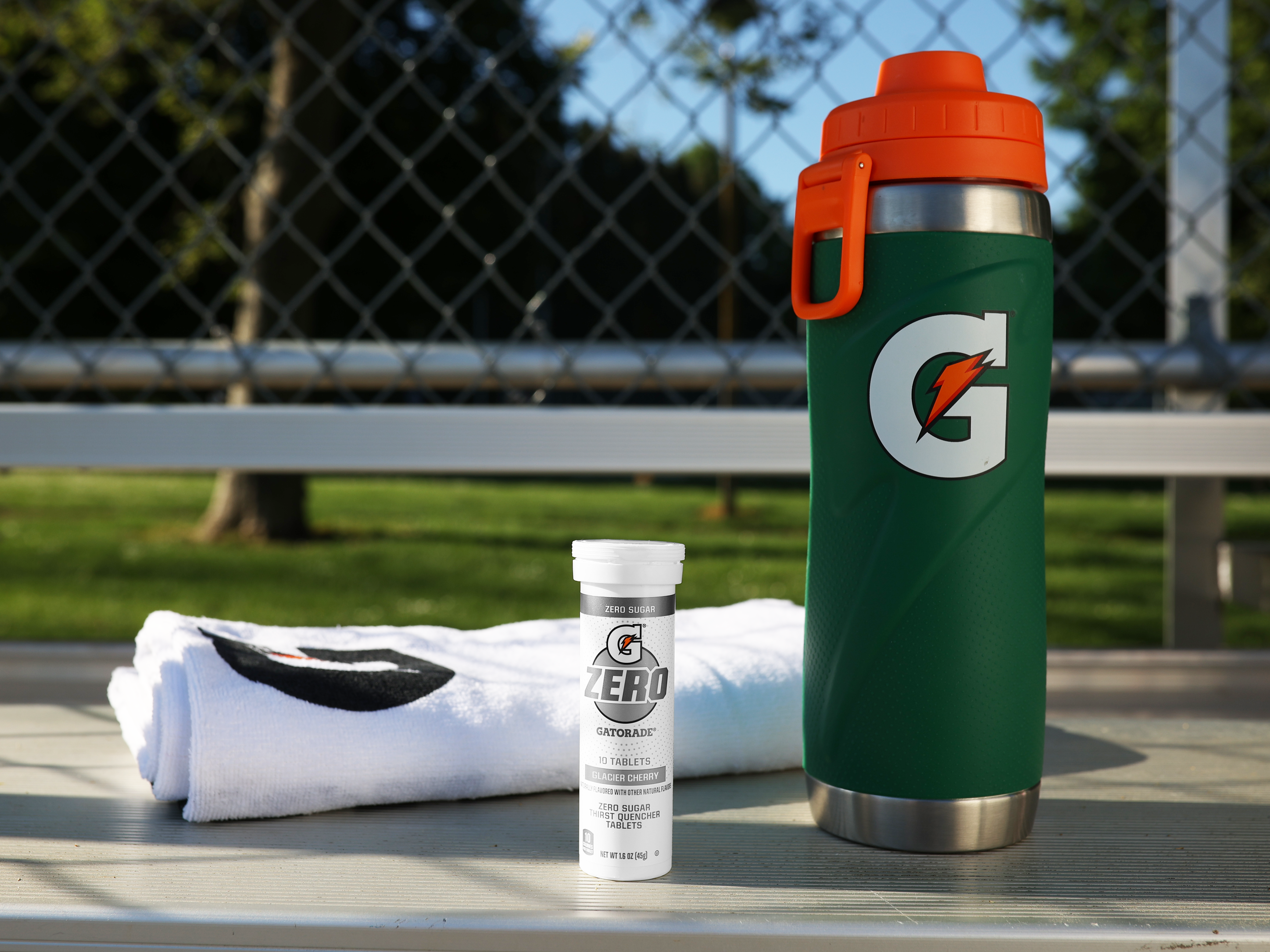 Gatorade Zero glacier cherry tablets with gx towel and stainless steel bottle