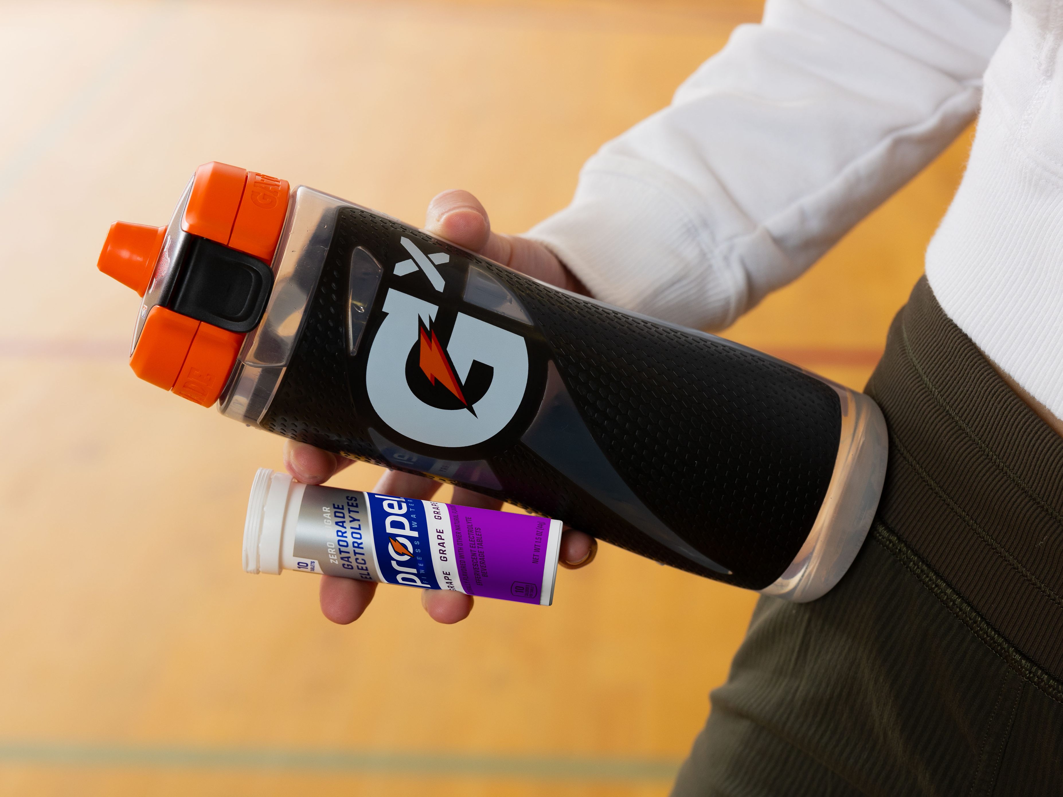 Propel Grape Tablets pack and Gx Squeeze bottle.