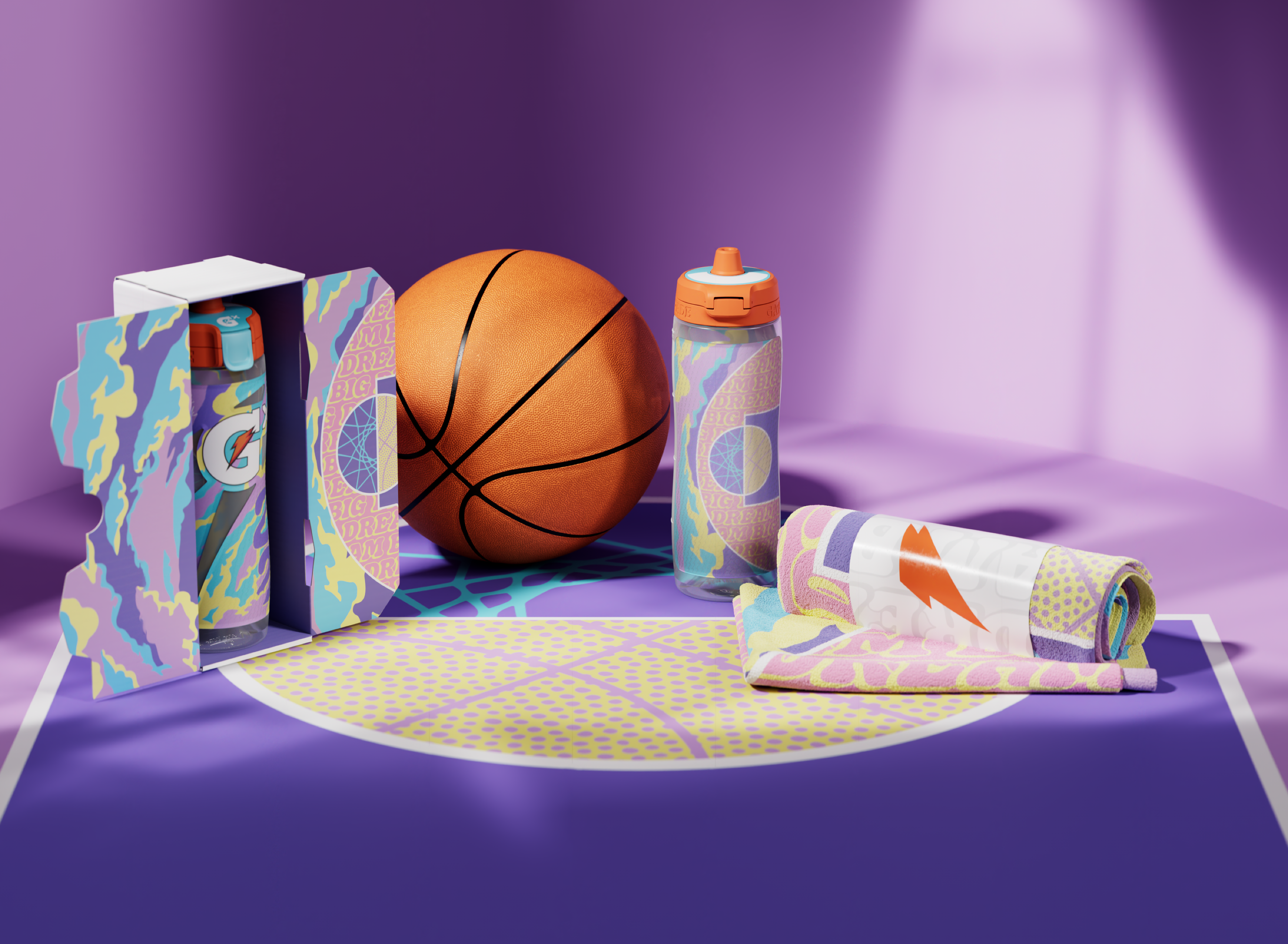 Caitlin Clark collaboration capsule with Gatorade, bottle and towel on basketball court