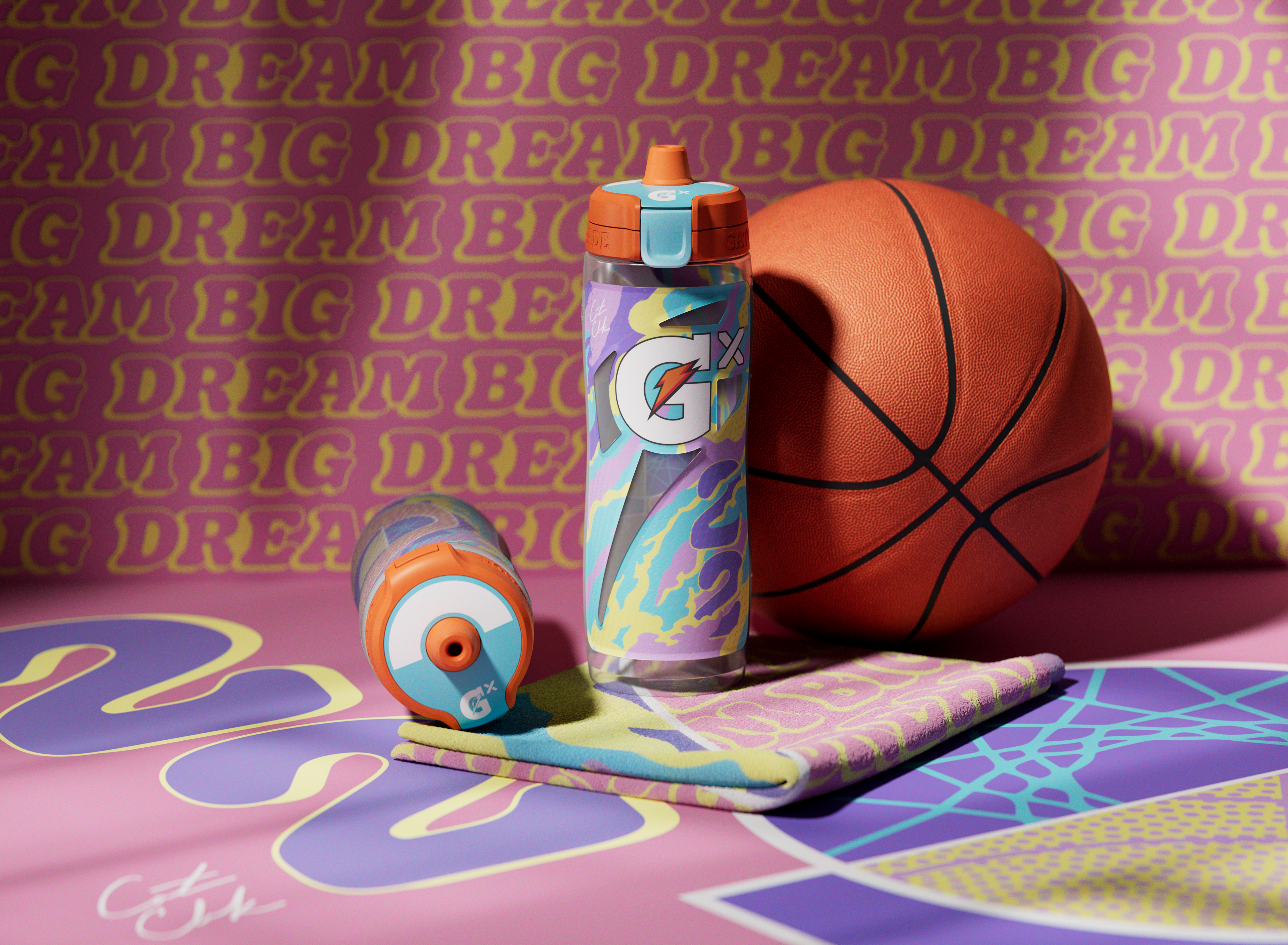 Caitlin Clark bottle and towel on basketball court with basketball