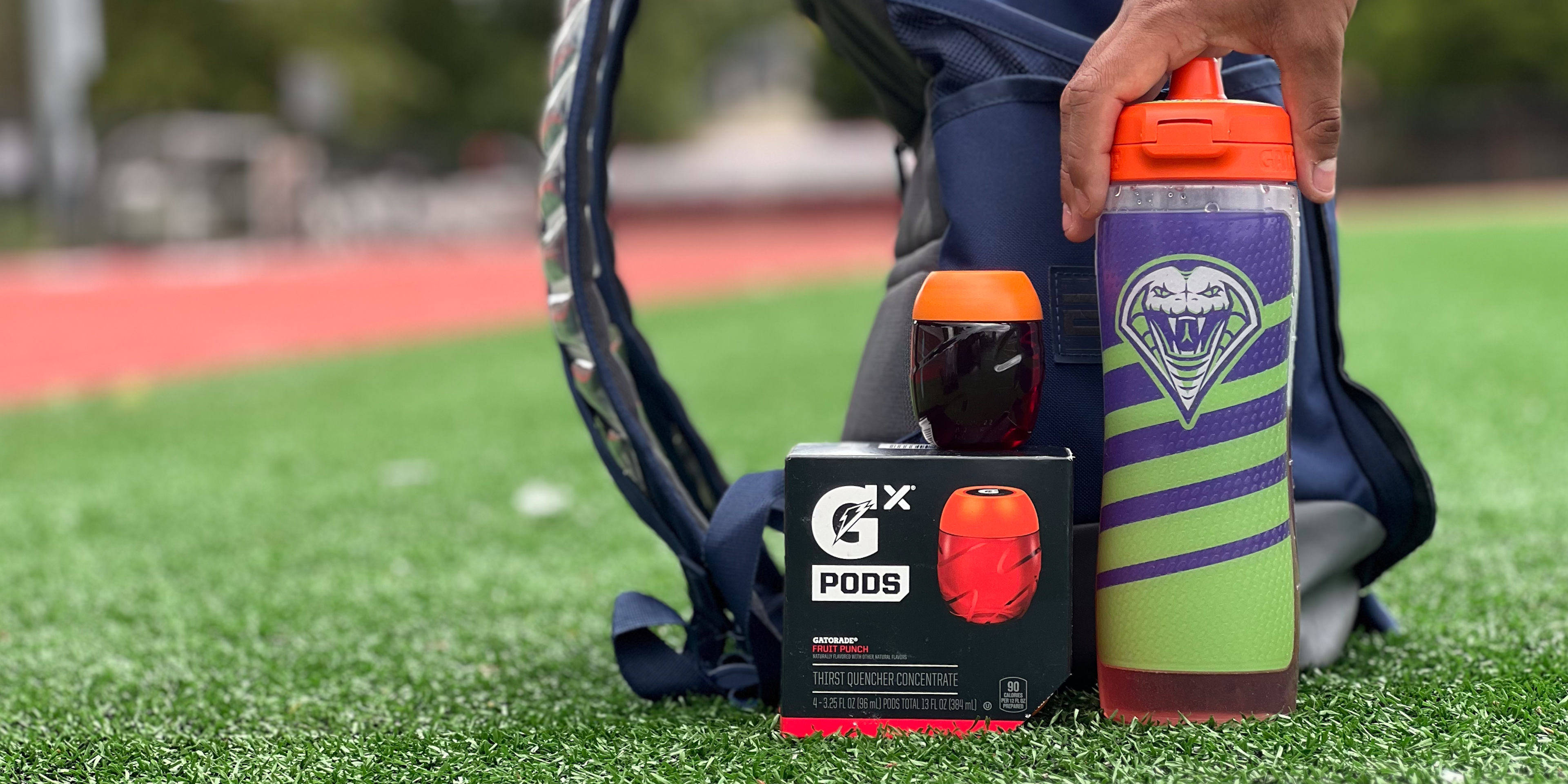 custom bottle with pods and backpack