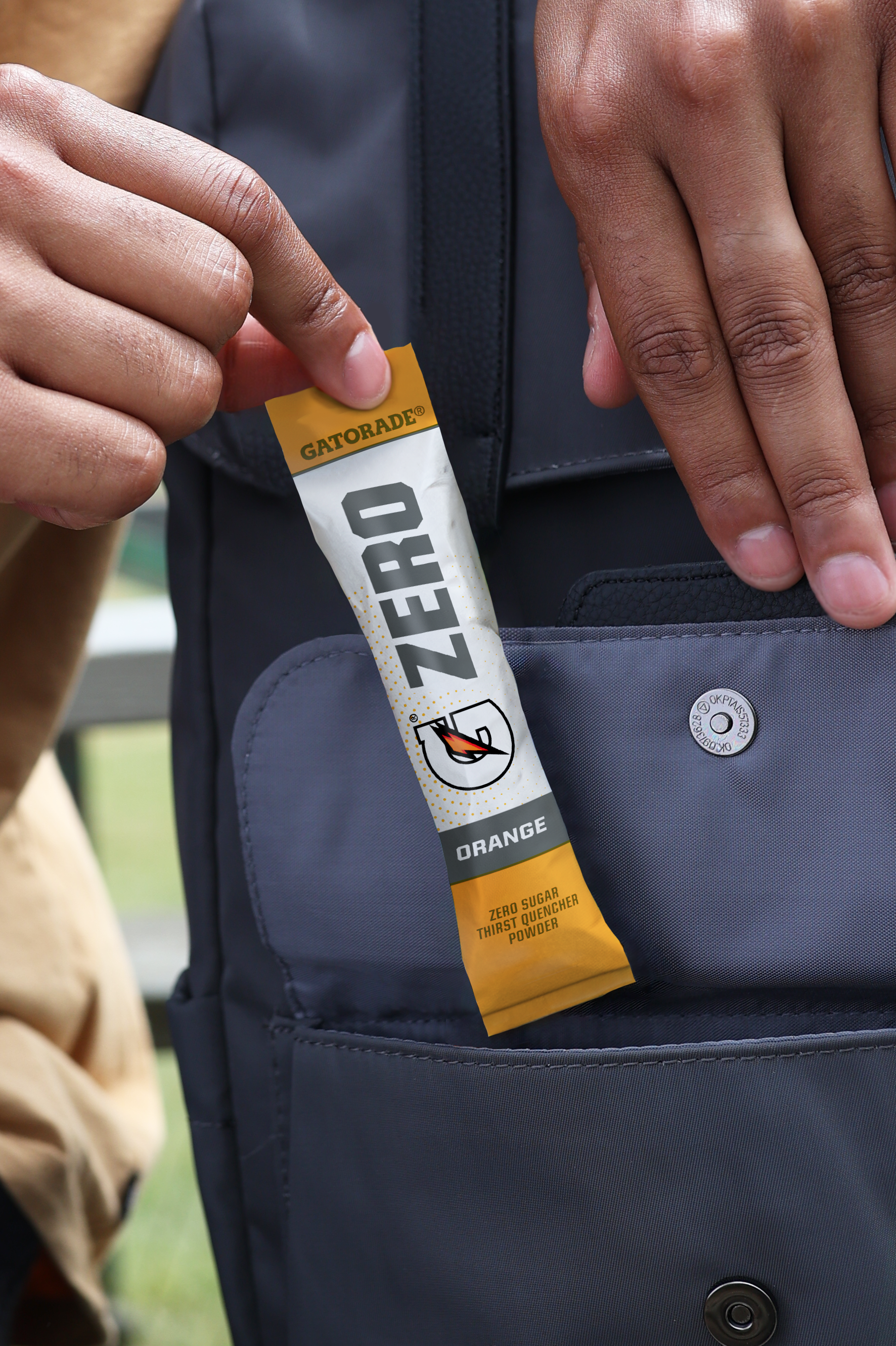 gatorade zero orange powder packet in backpack