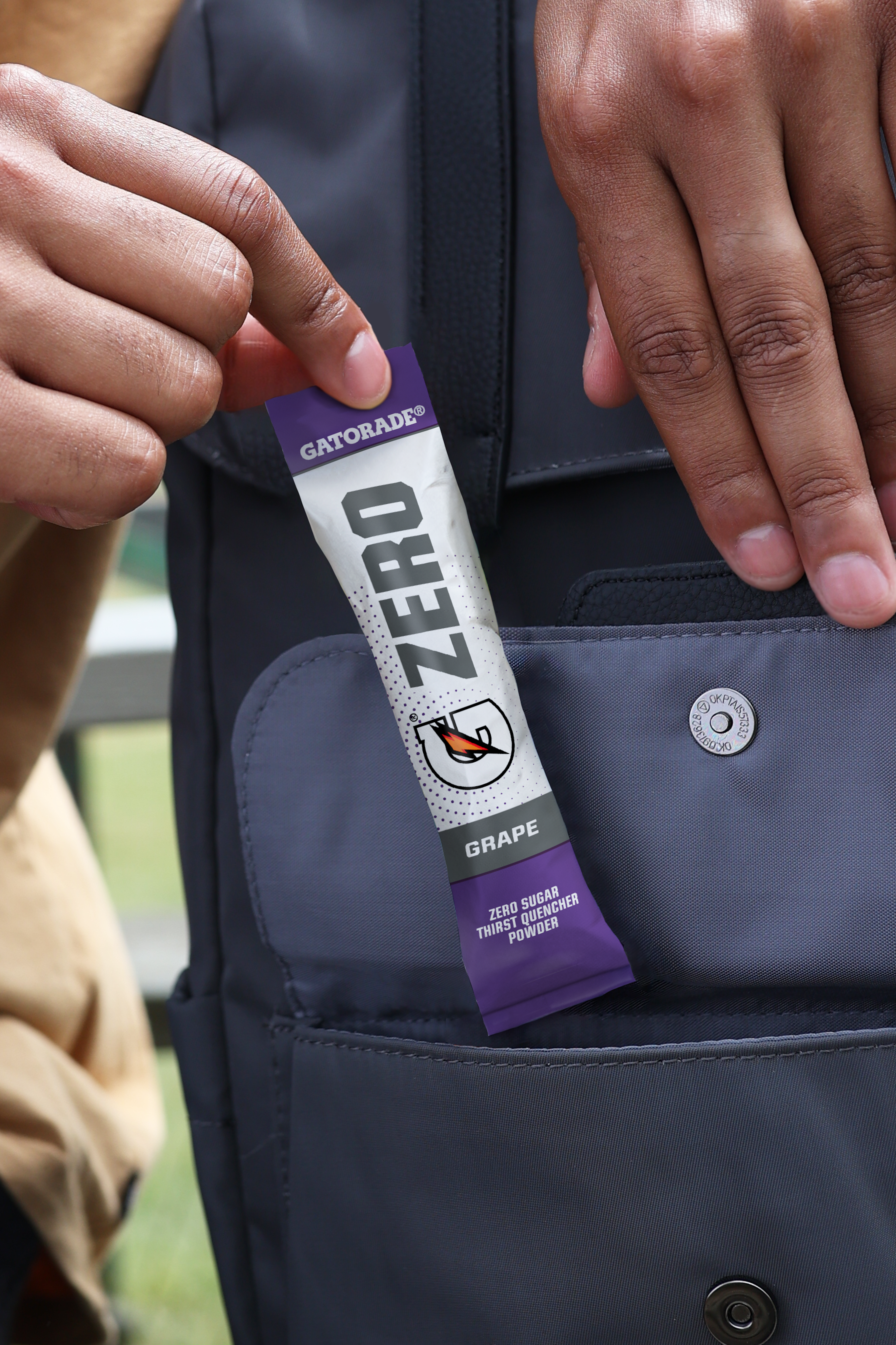 gatorade zero grape powder packet in backpack