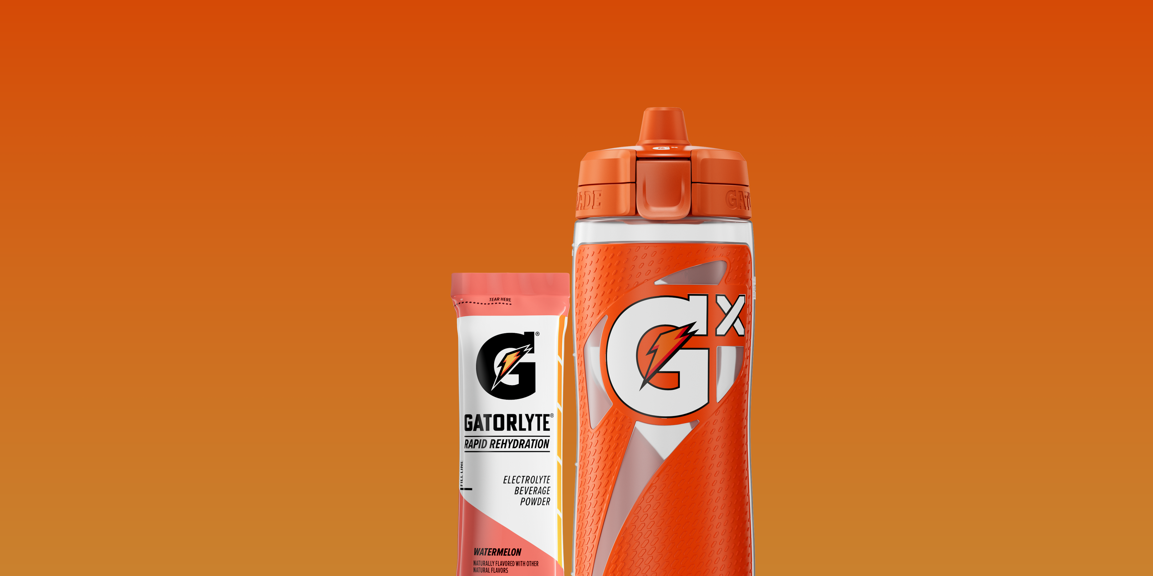 Watermelon Gatorlyte and Gx Squeeze bottle in orange