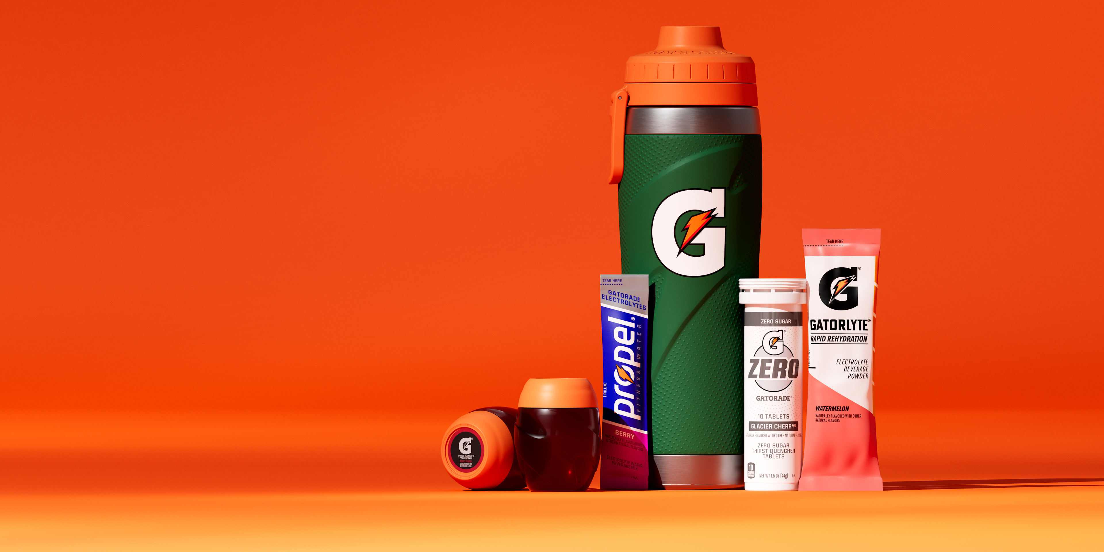 Green Stainless Steel bottle surrounded by a fruit punch pod, Propel Powder Stick, Gatorade Zero Tablets, and Gatorlyte Watermelon powder