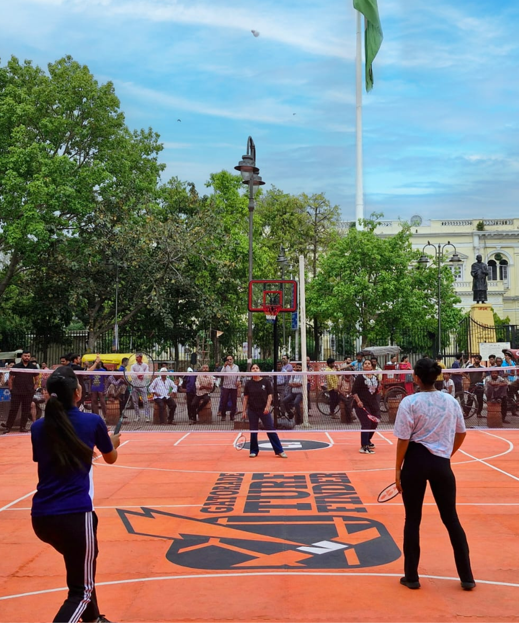 Volleyball match on a Gatorade-branded "Turf Finder" court.
