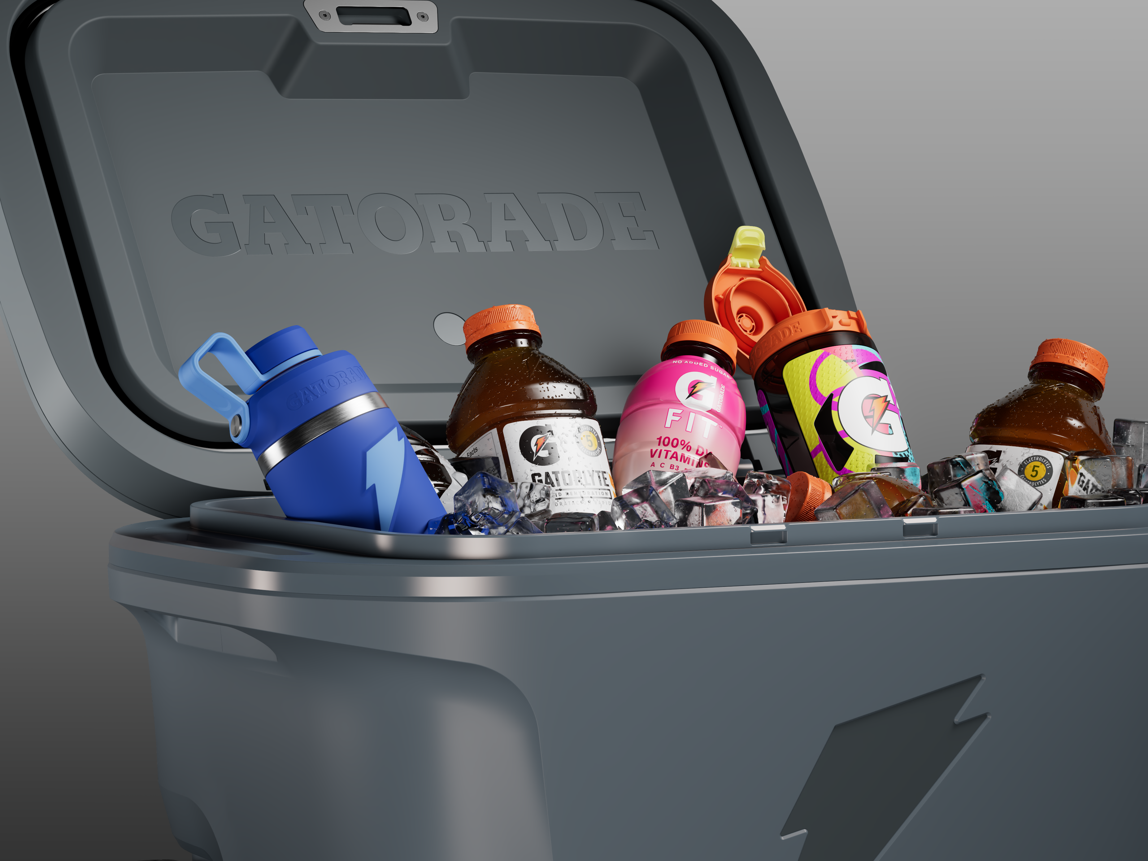 Variety of Gatorade bottles and beverages inside 50 qt rolling ice chest