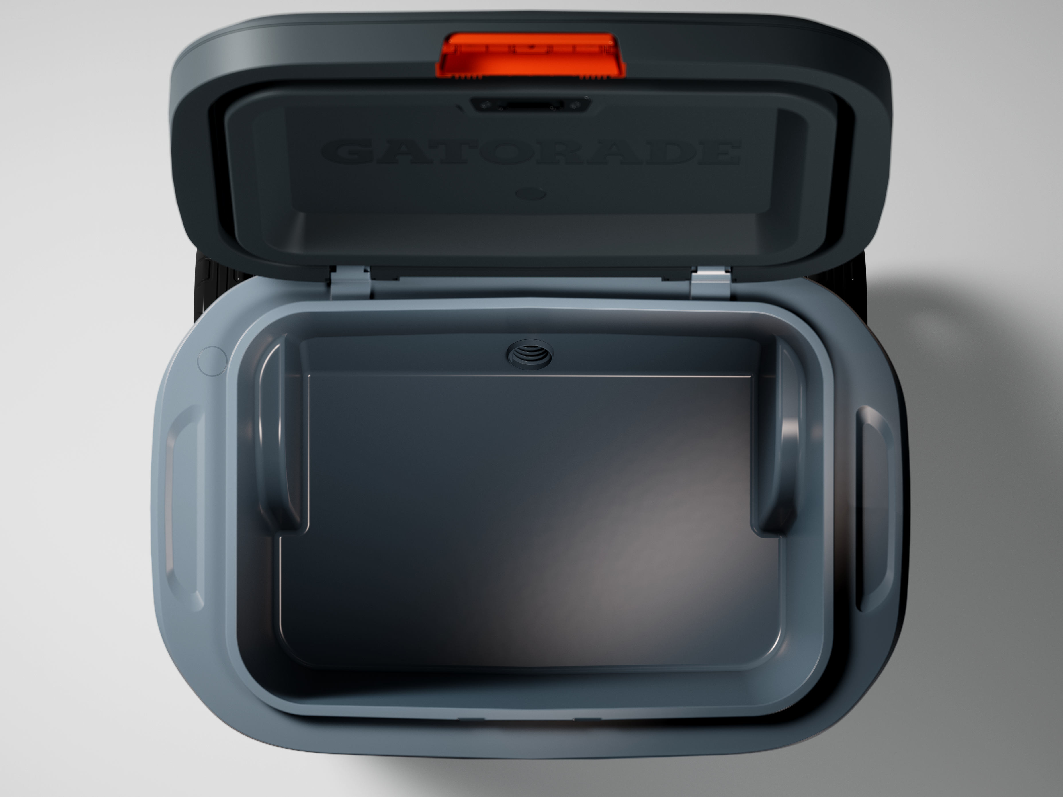 Top view of empty grey 50 qt rolling ice chest