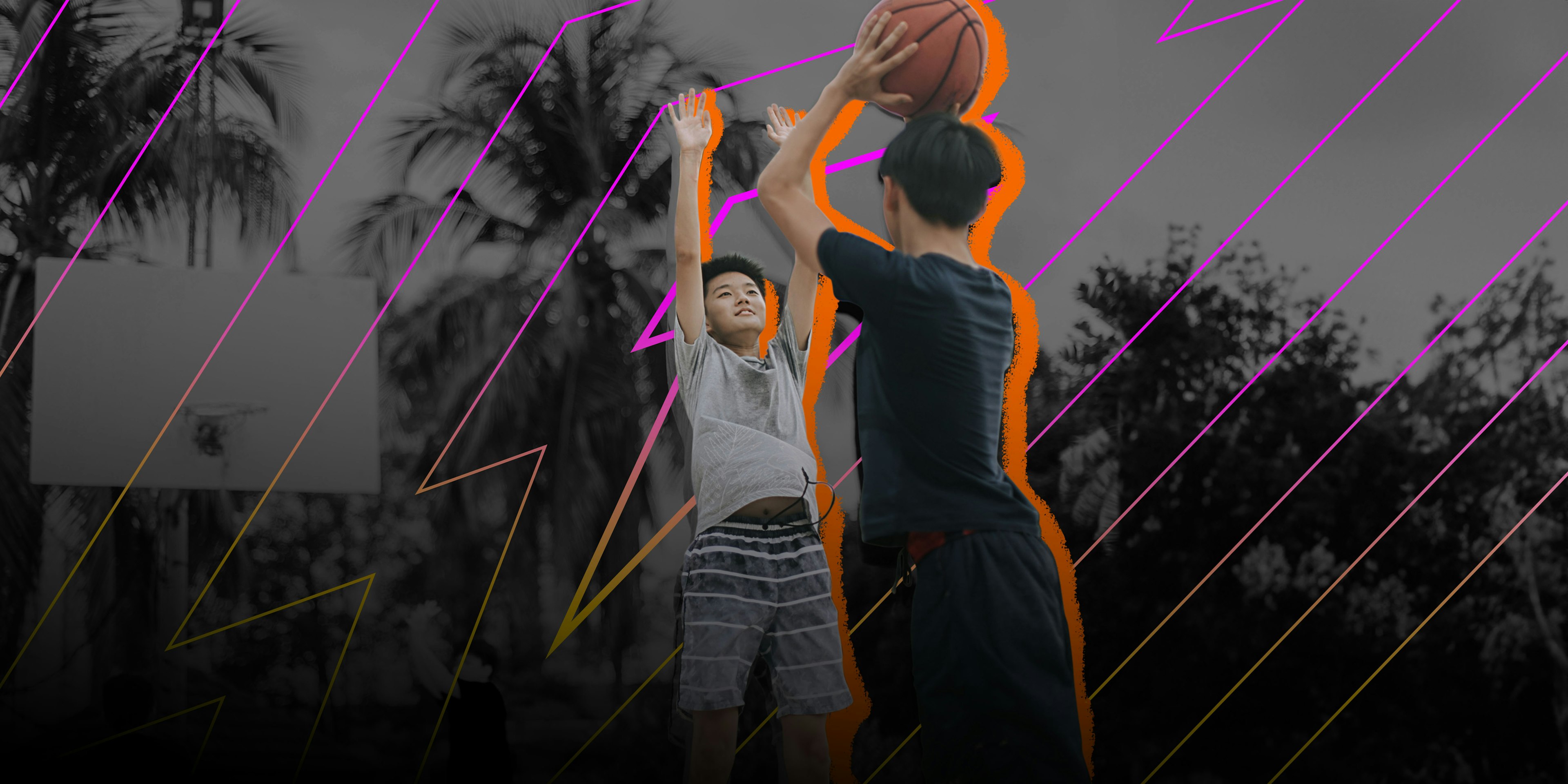 Teens playing basketball with Gatorade bolt illustration effect on top of the image.