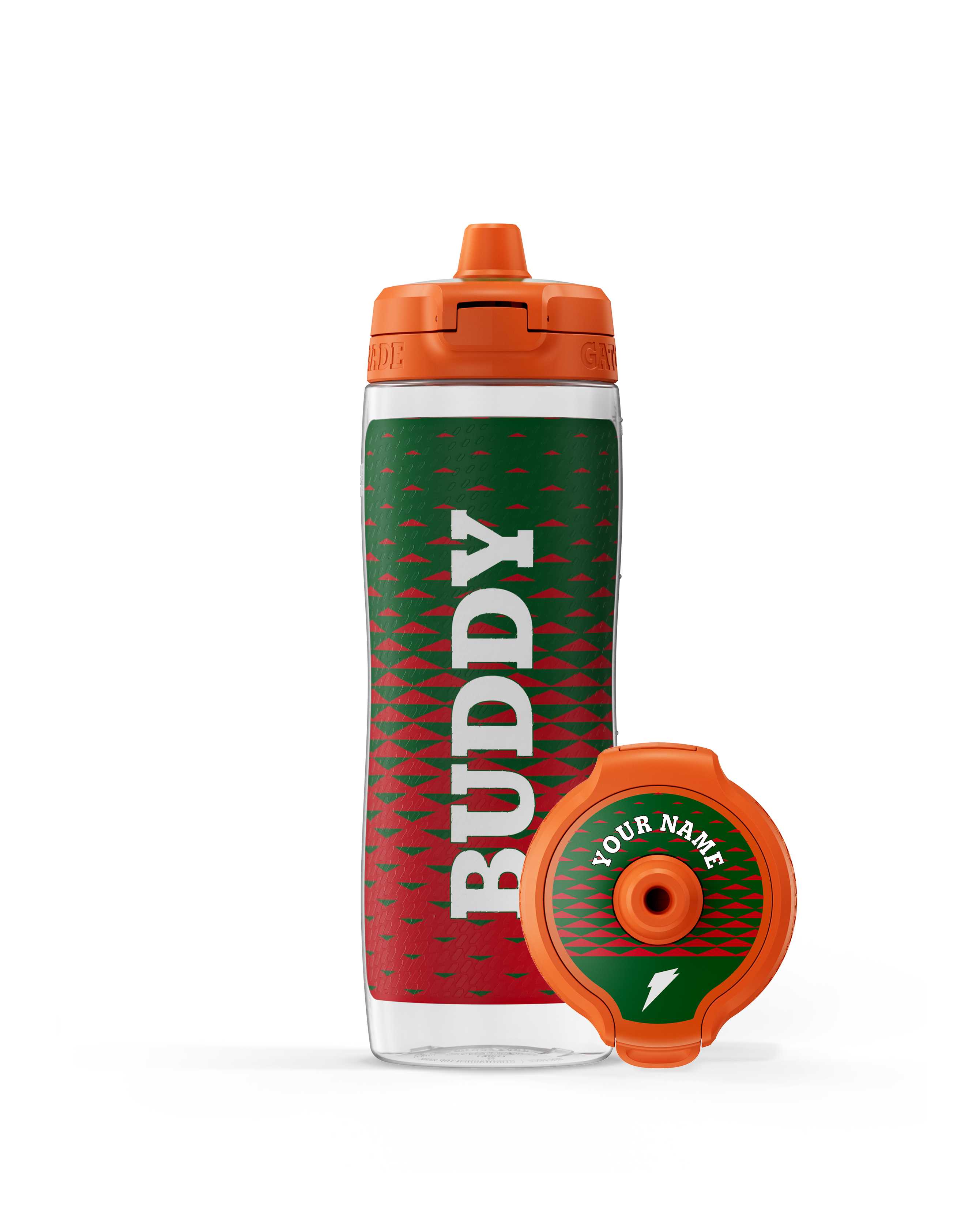 A green and red water bottle with white text and an orange cap