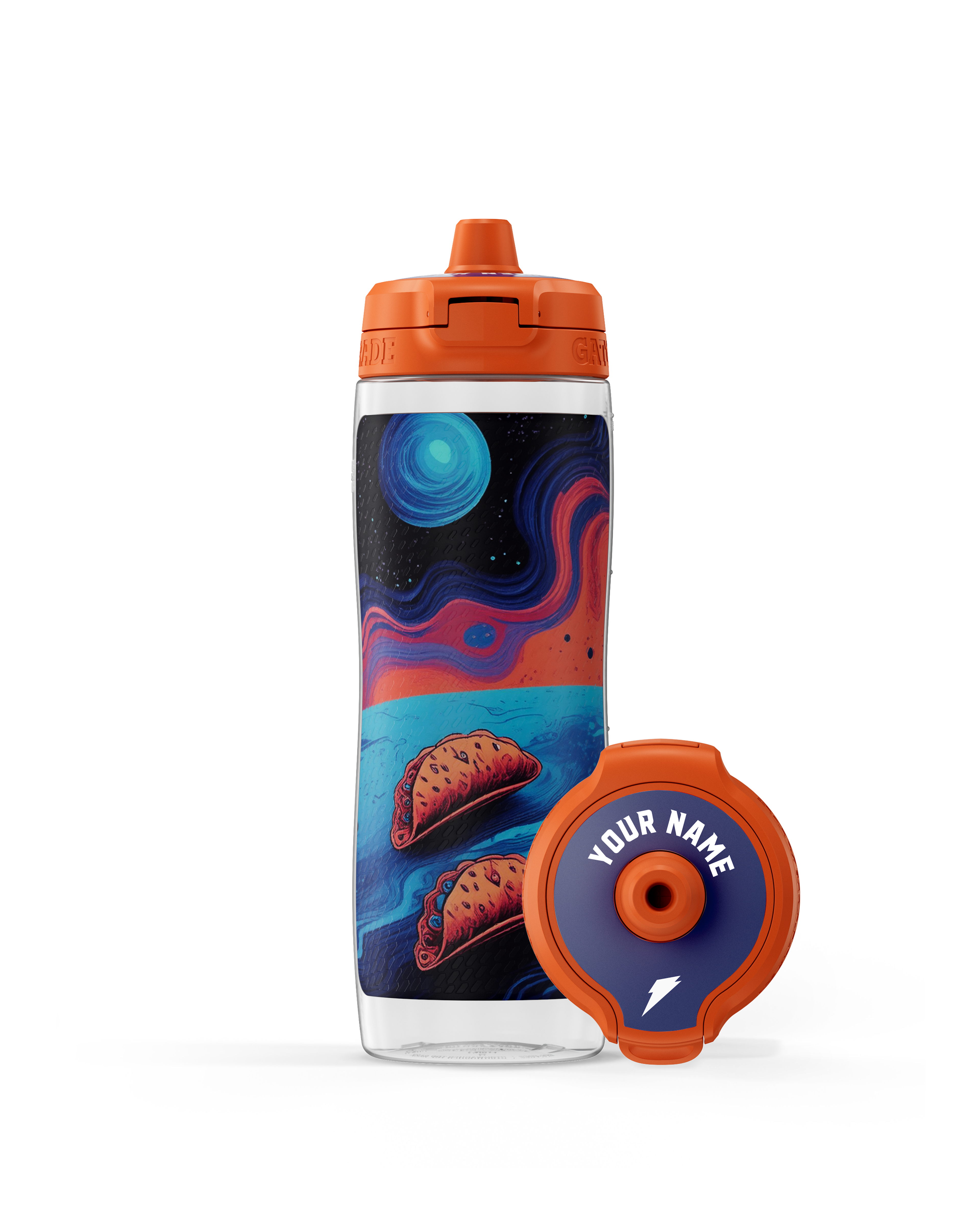 Gatorade AI squeeze bottle, tacos flying in space