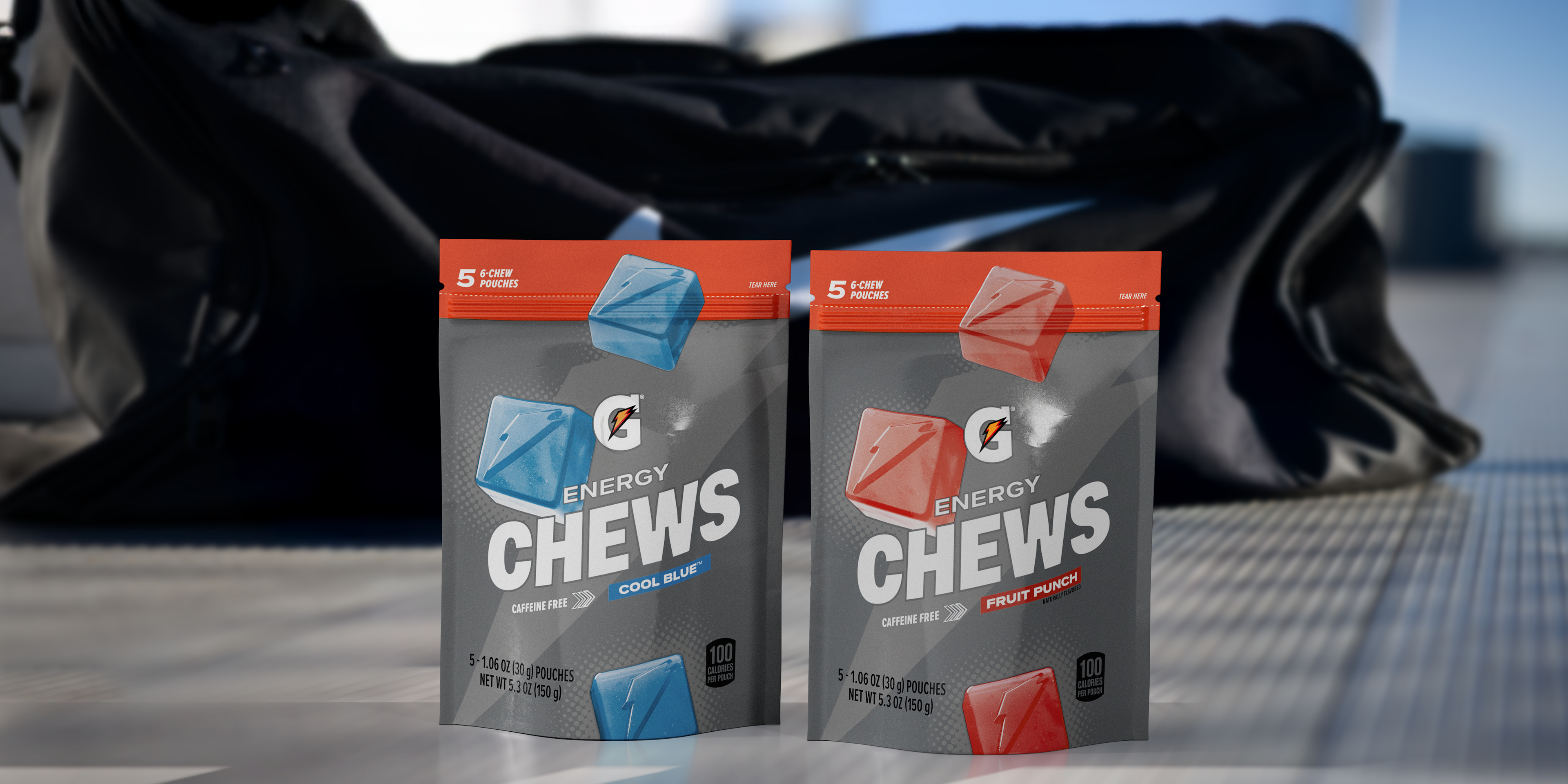 Chews pouches in front of duffle bag