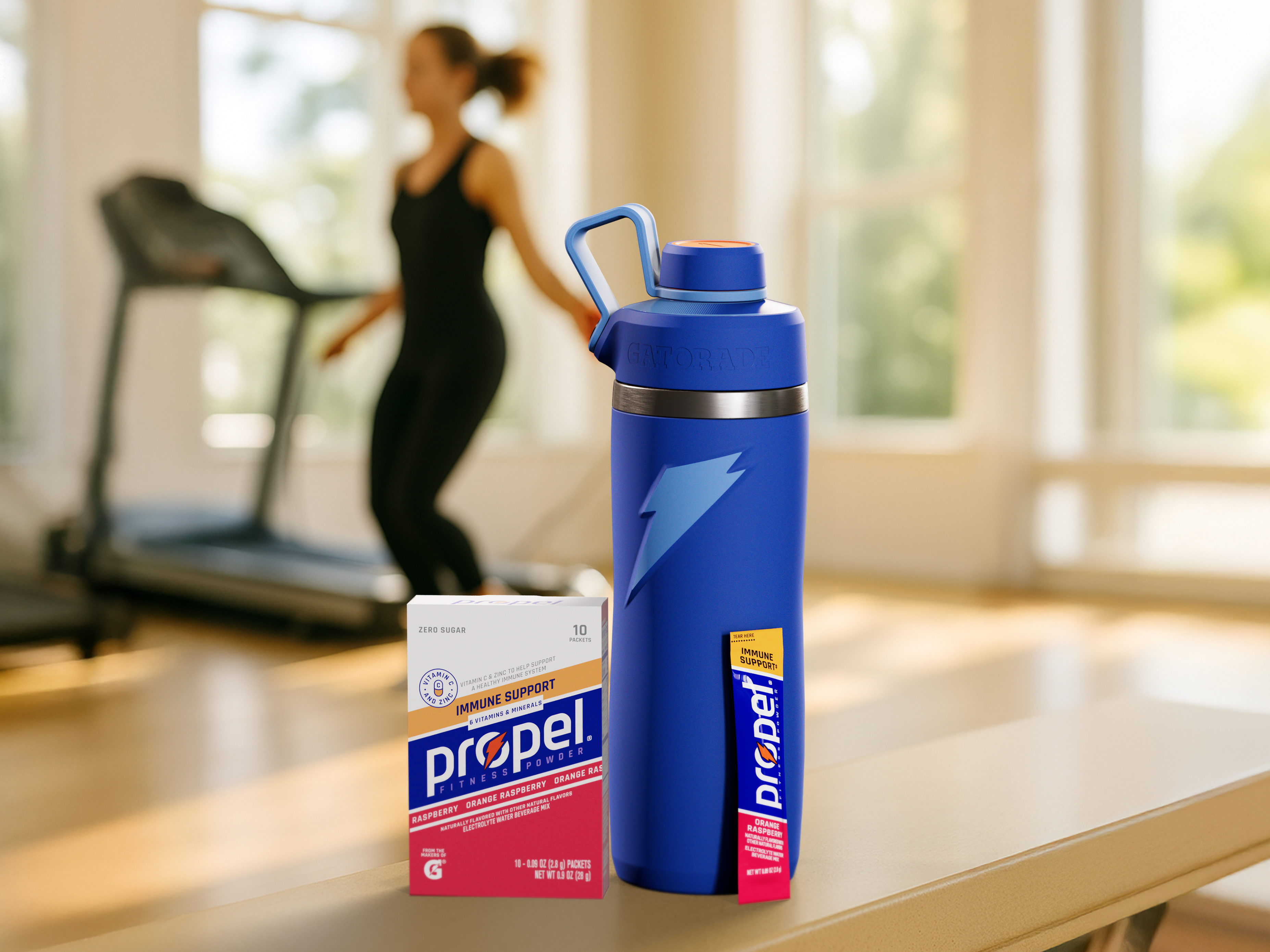 propel powder orange raspberry with overtime bottle