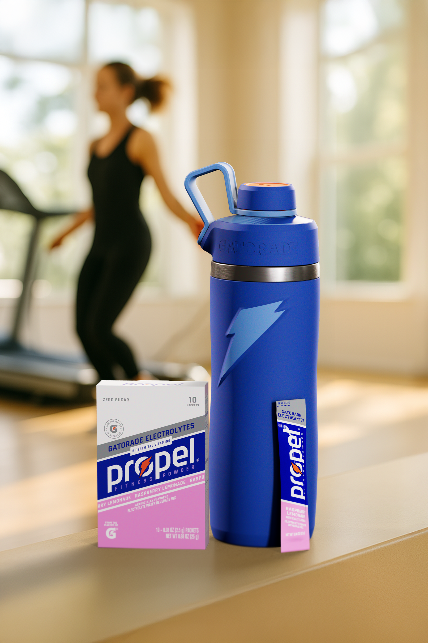 Propel powder with overtime bottle in front of athlete