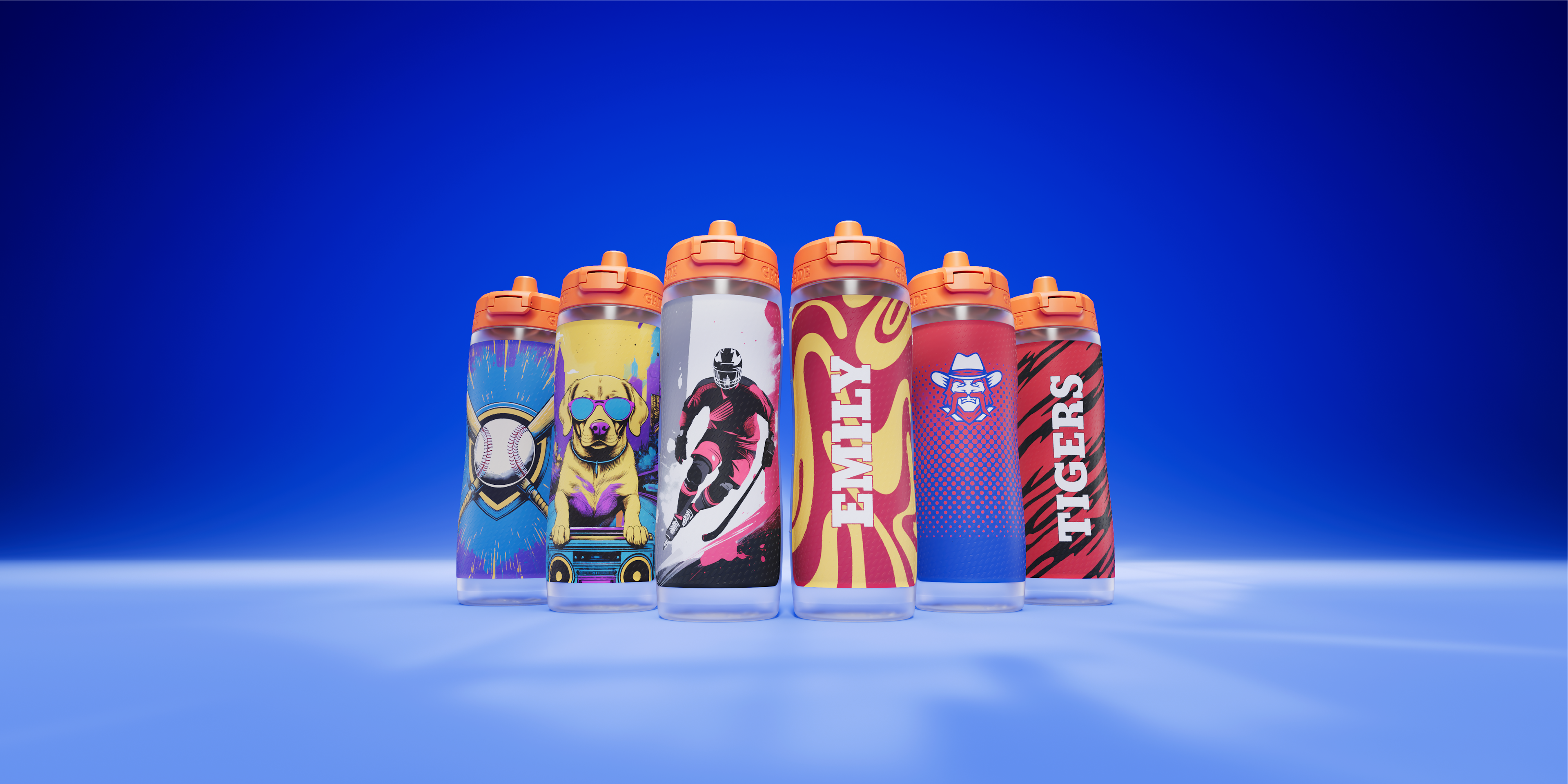 AI/Custom bottles in a row on blue background