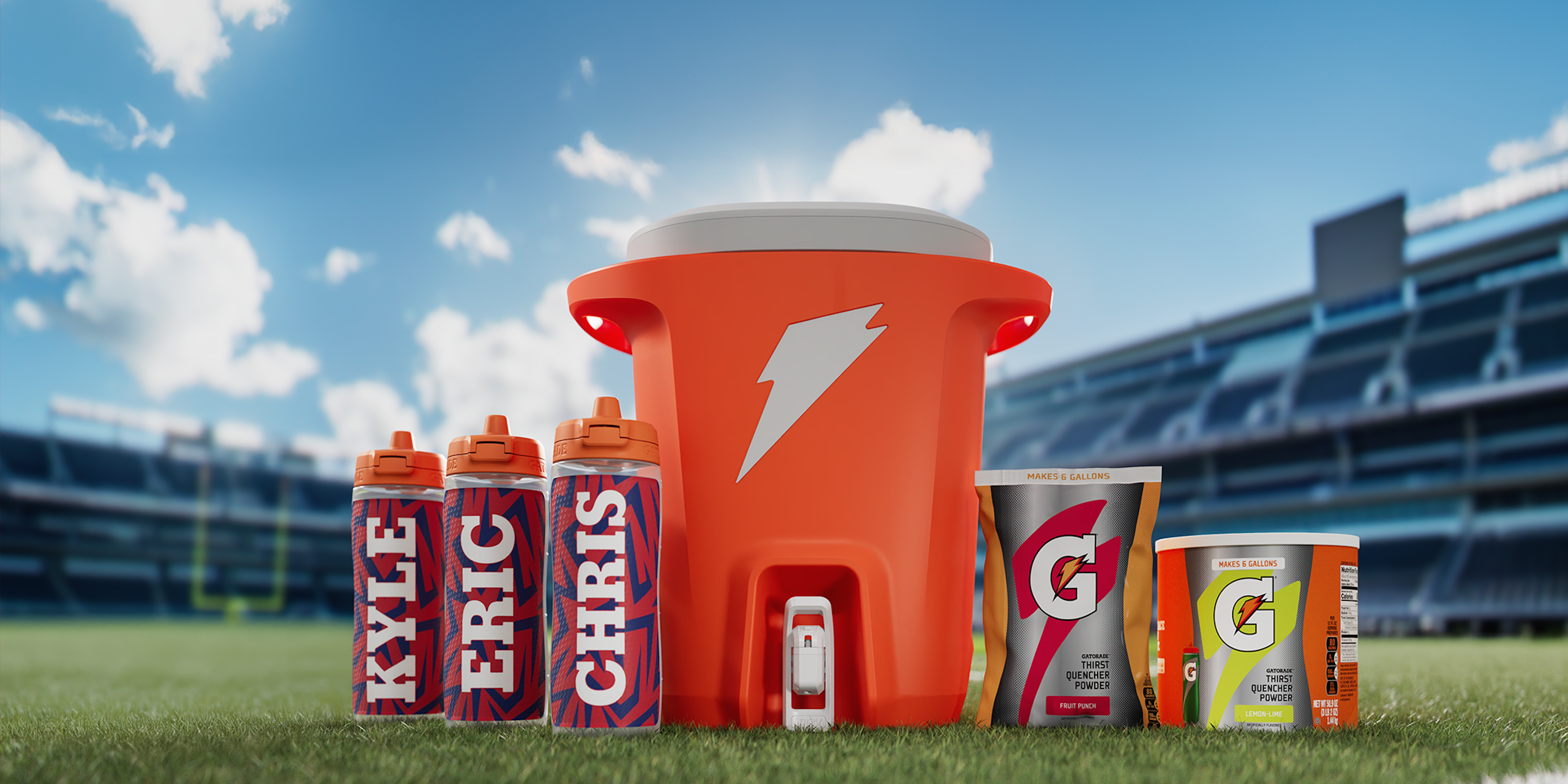 bulk gtq powders, custom bottles and cooler on field