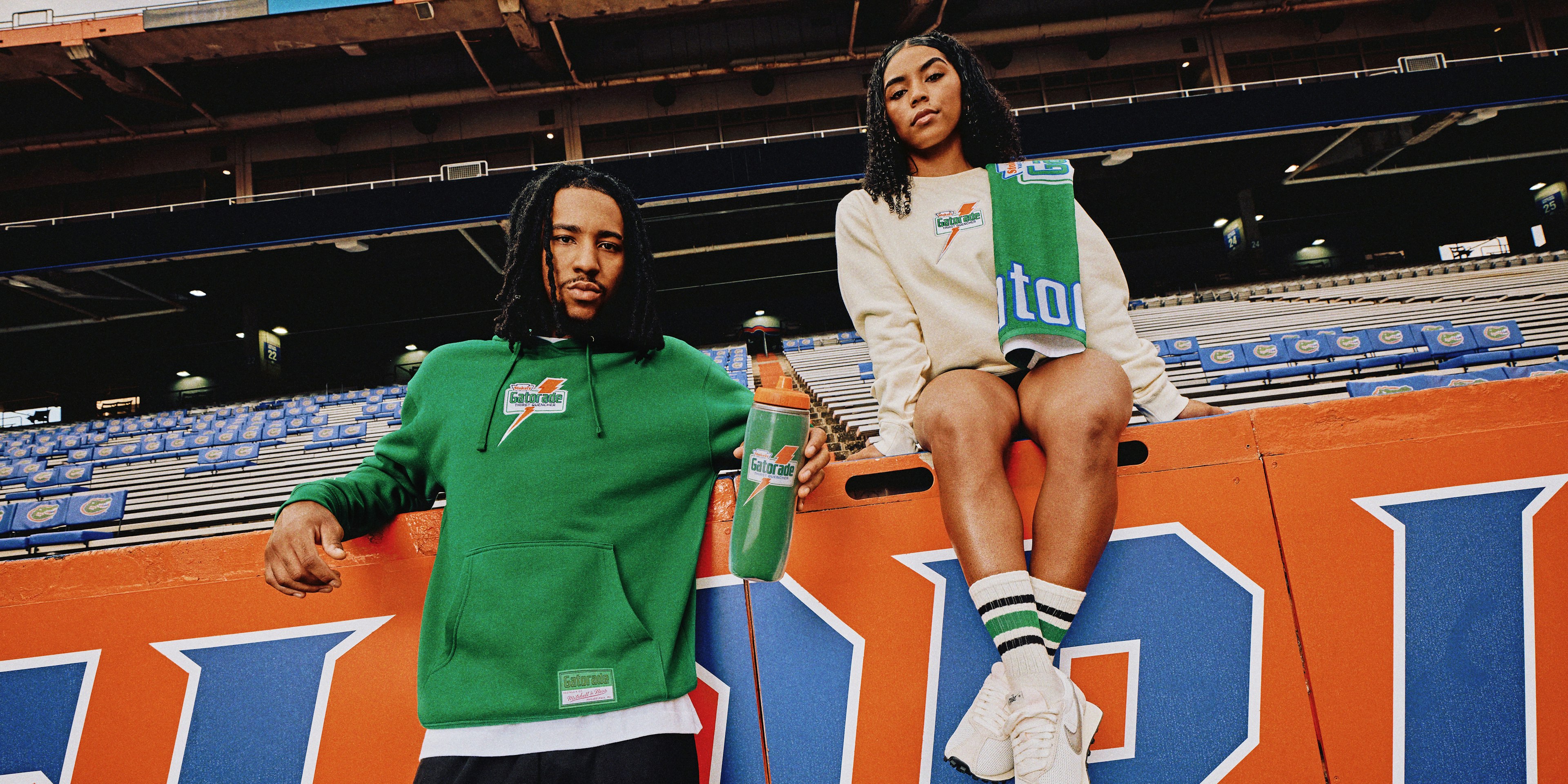 Gatorade x Mitchell & Ness athletes in crewneck and hoodie with towel and bottle