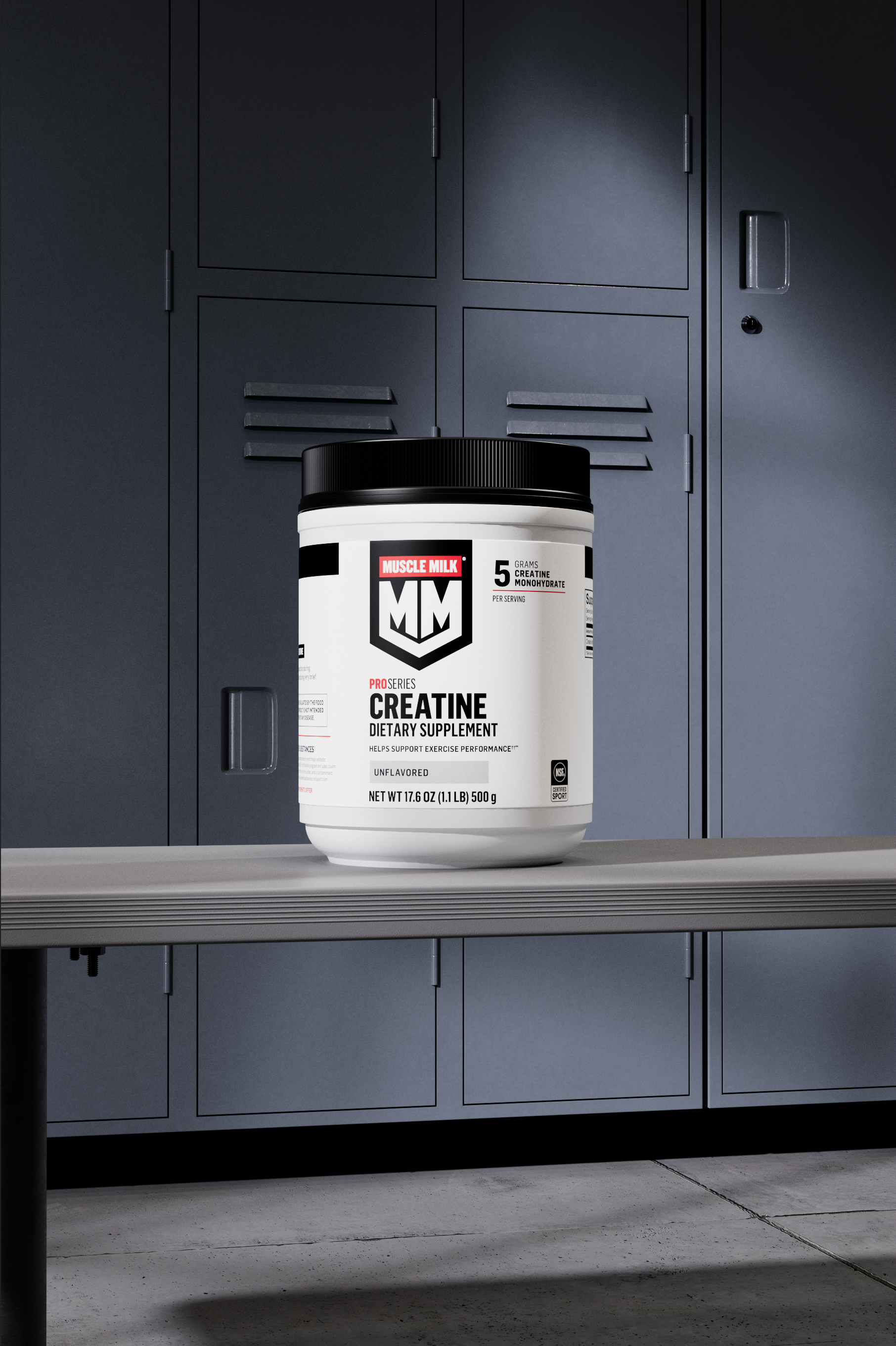 creatine canister on bench in locker room